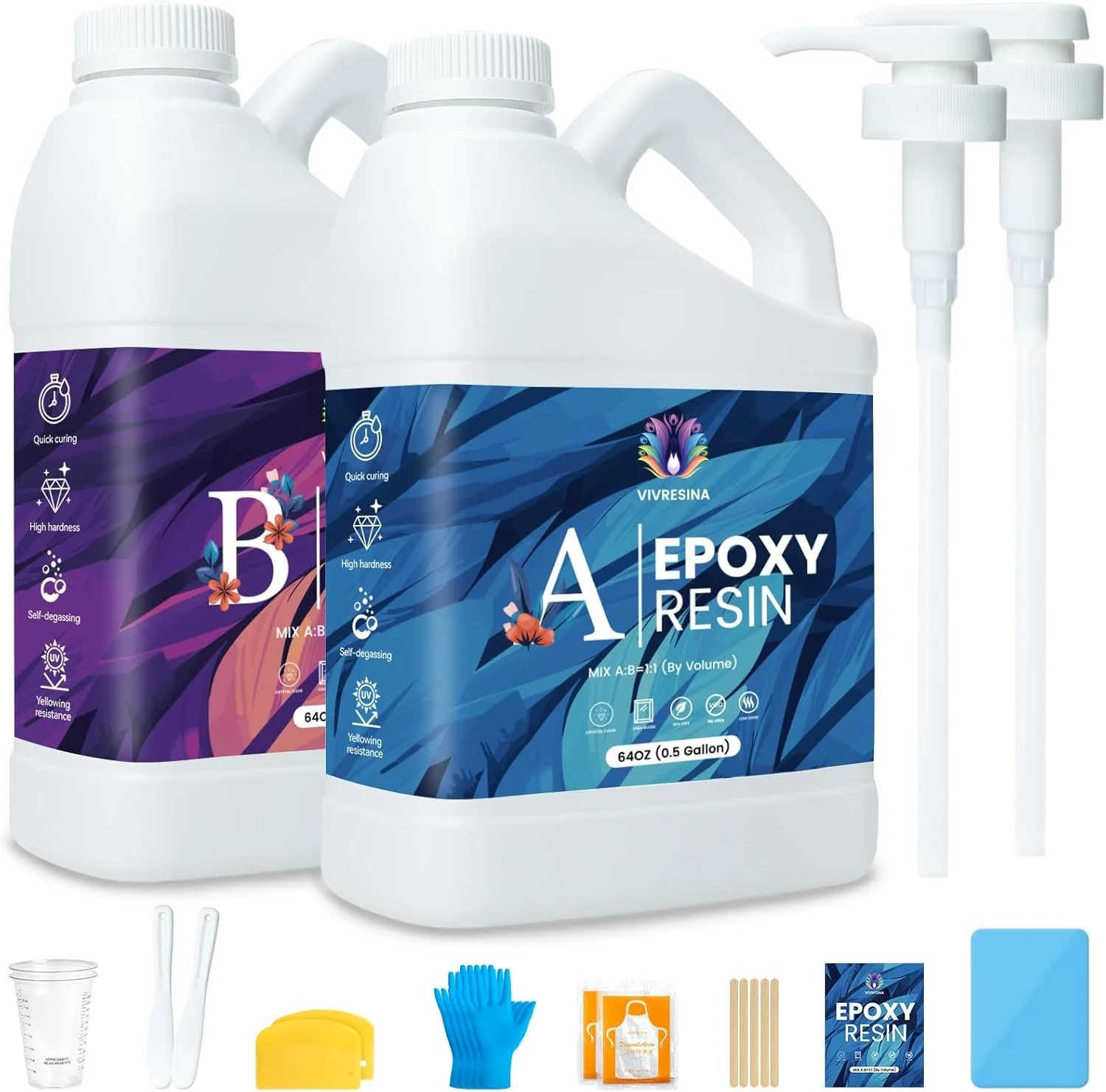 Two large bottles of epoxy resin, one labeled A with blue packaging and the other labeled B with purple packaging, along with mixing tools, applicator sticks, gloves, protective sheets, and epoxy resin packets.