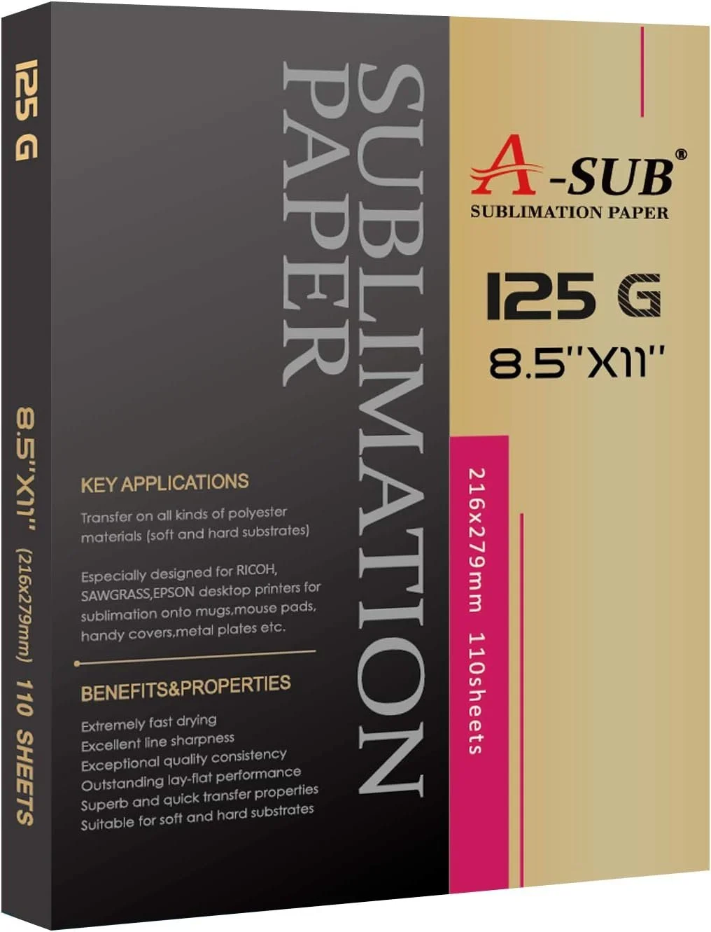 Sublimation A-Sub sublimation paper in black, gold, and pink packaging, labeled for 125 sheets of 8.5-inch by 11-inch sheets.