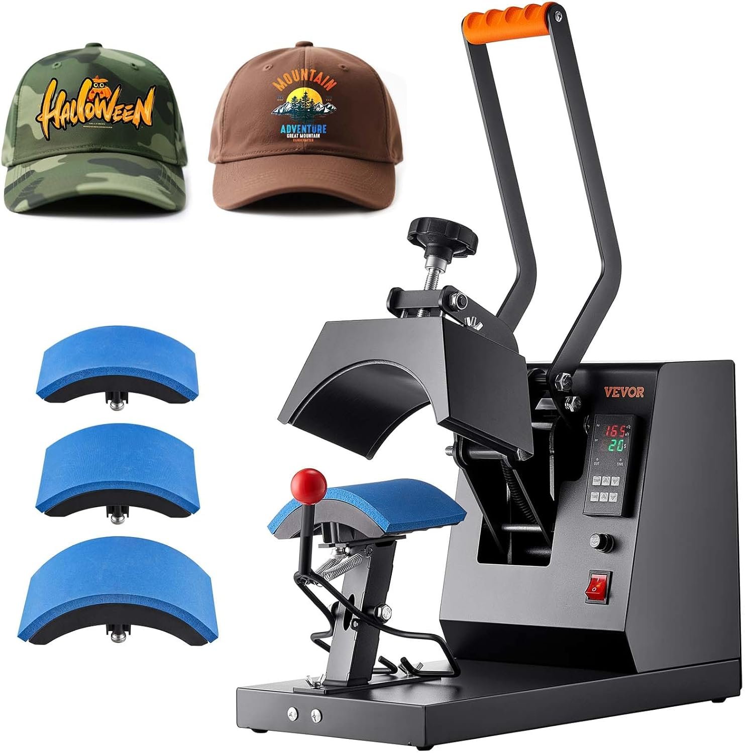 A digital heat press machine used for pressing designs onto hats, with various blue foam hat pressing pads, two baseball caps, and a mug cap press attachment.