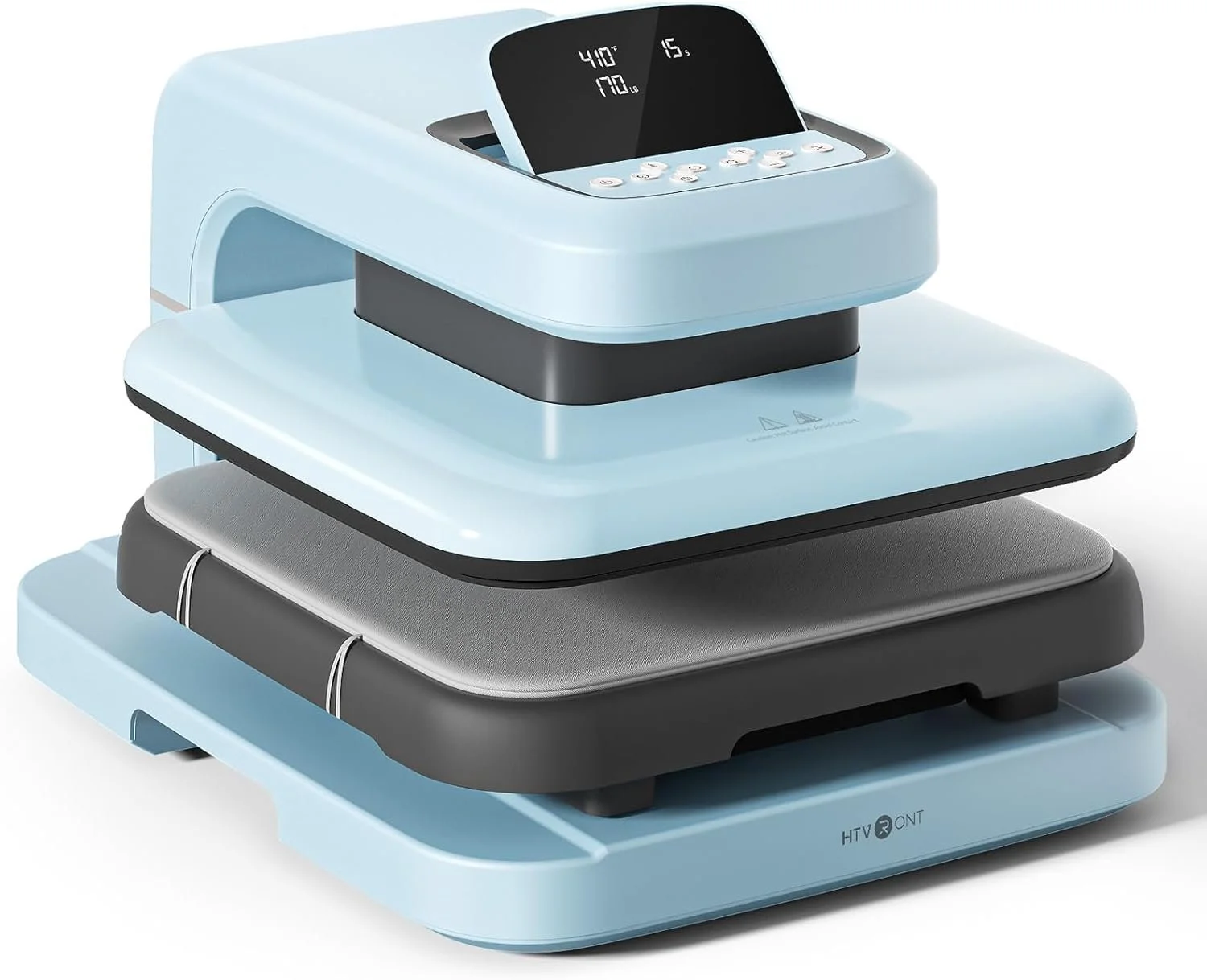 A modern, compact heat press machine with a digital display, black and gray pressing surface, and a light blue main body.