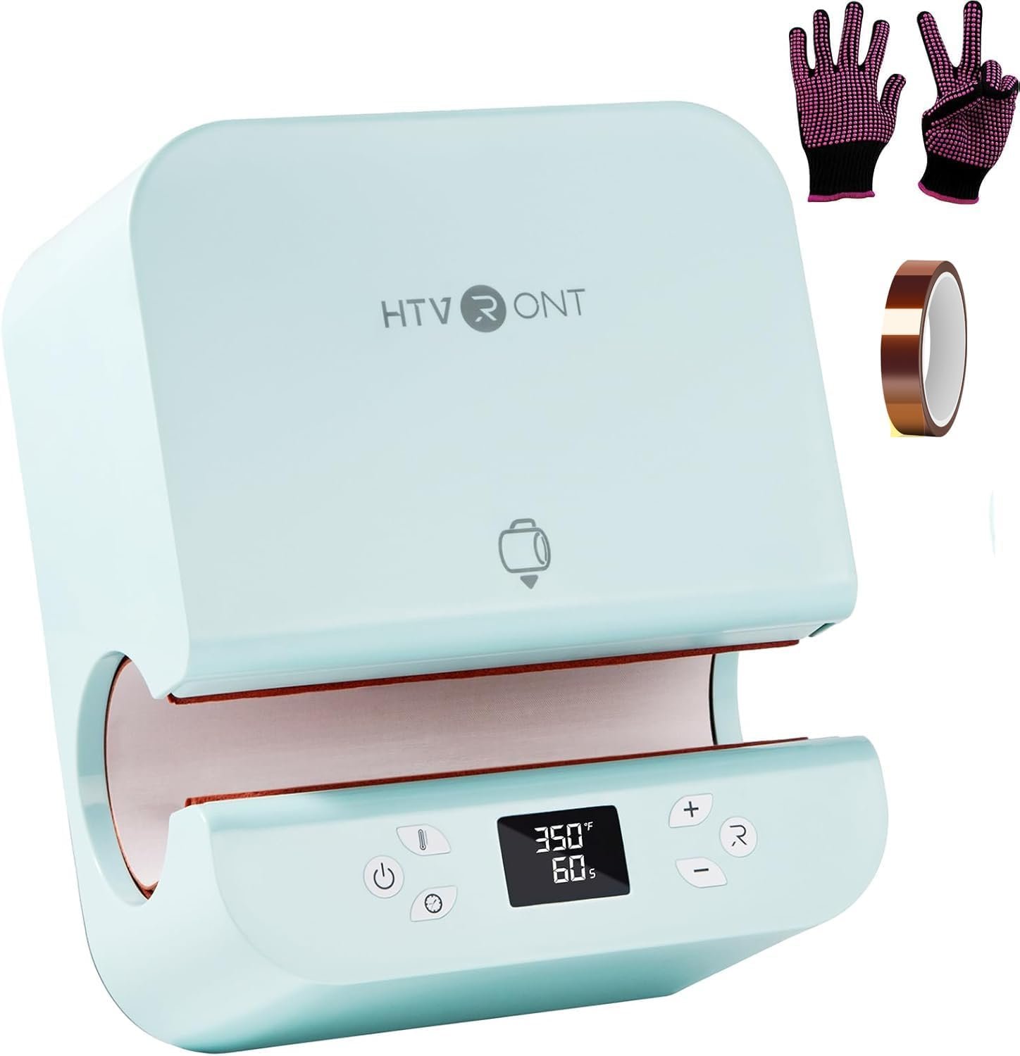 A light blue UV sterilizer box with digital display showing 350°F for 60 seconds. Includes glove and tape accessories nearby.