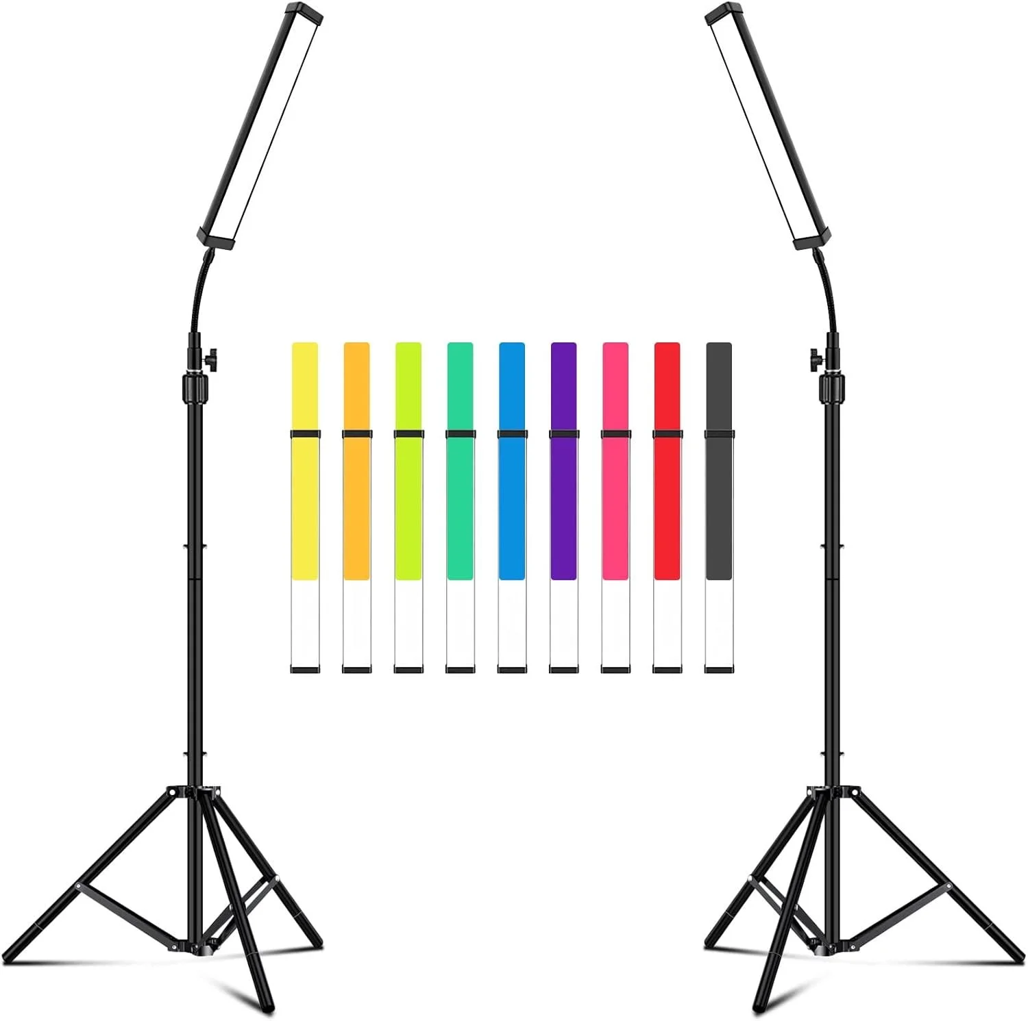 Photo of colorful highlighters arranged in a row against a white background, with two adjustable studio lights on stands illuminating the items.
