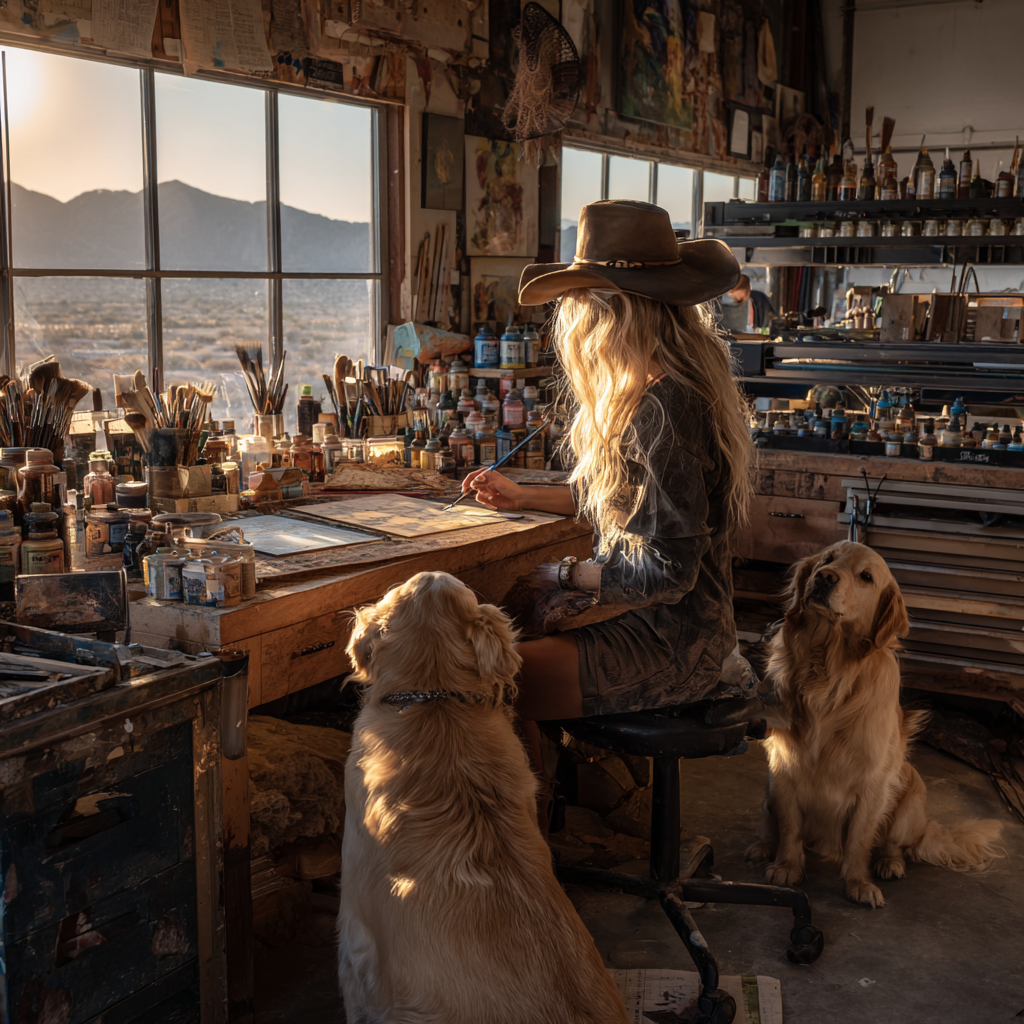A woman wearing a wide-brimmed hat sits at a cluttered artist's workspace, painting at a wooden table near large windows that offer a mountain view at sunset. Two Golden Retrievers sit nearby, one looking up at her.