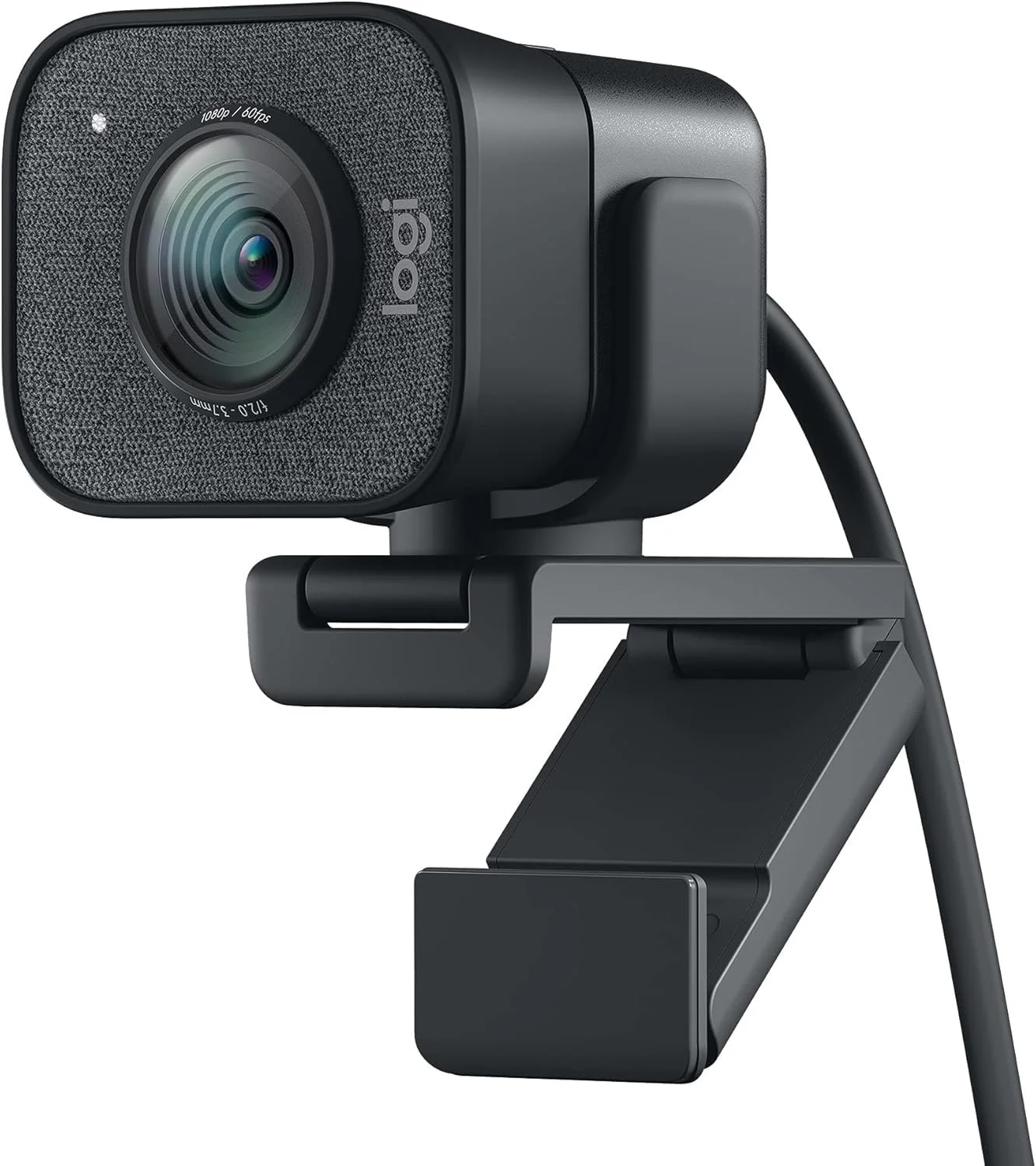 Logitech webcam mounted on a stand with adjustable arm and cable connected