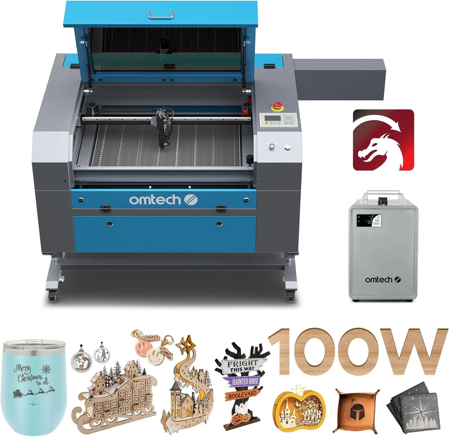 A laser cutting machine with a control panel and a logo that reads 'omtech.' To the right, there is a red icon of a dragon head with a curved arrow, and an air filtration system. Below, there are various Christmas and Halloween themed decorations, a teal tumbler with snowflake and holiday messages, a wooden train and house, and black sheets of material.