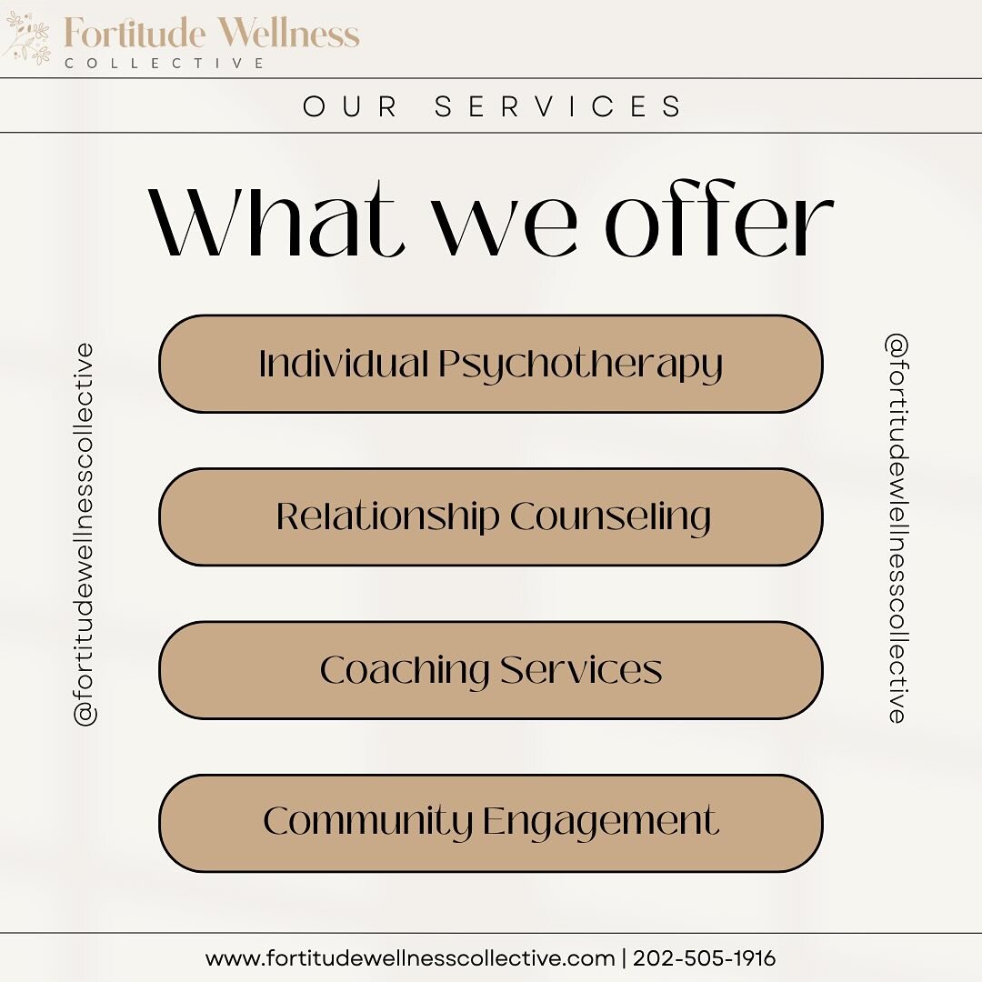 Fortitude Wellness Collective is here to warmly welcome you into a space where your mental health journey is our priority. Now accepting new clients across DC, MD, VA, and Alabama for individual psychotherapy, relationship counseling, and coaching se