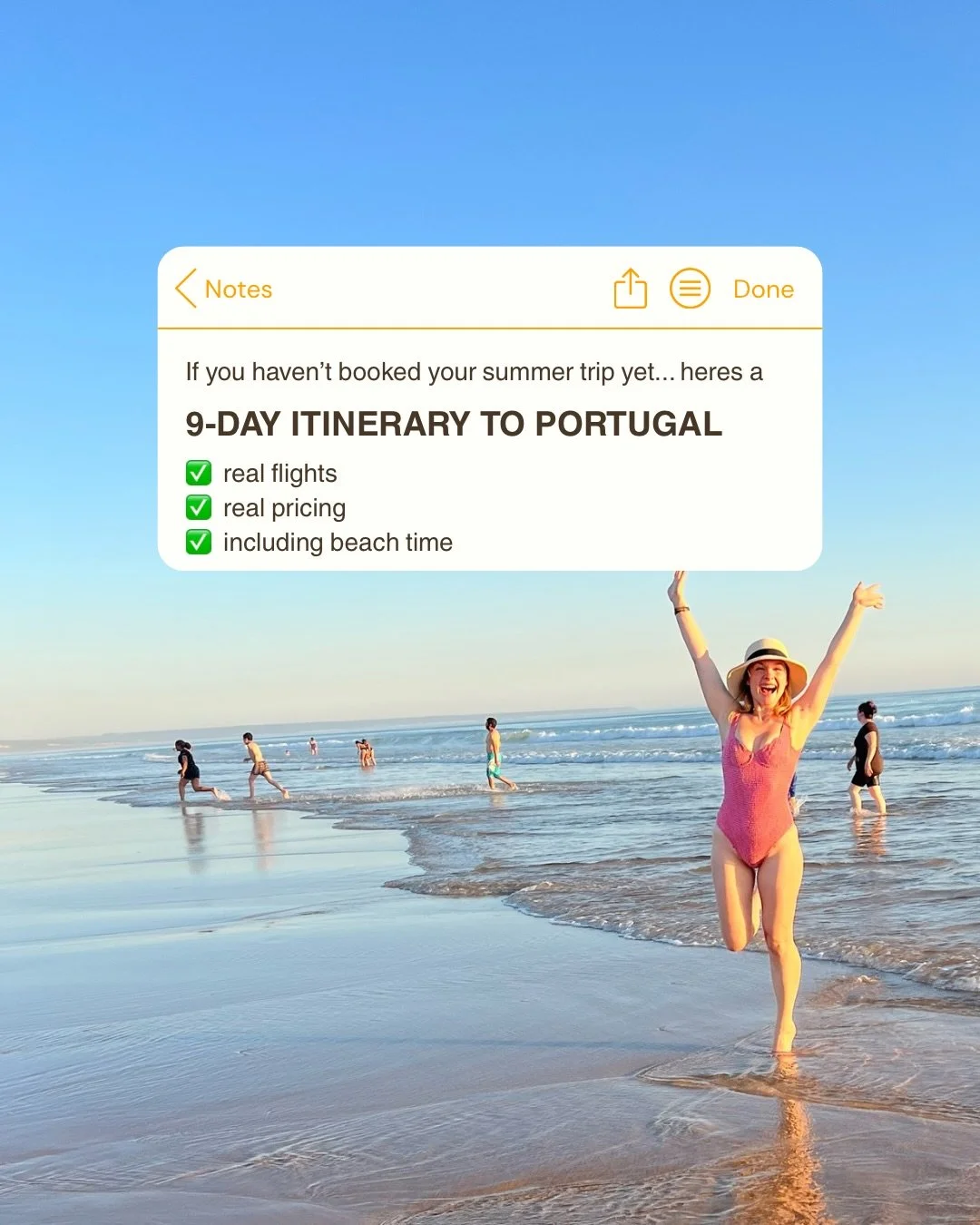 ☀️✈️ 9 Day Itinerary to Portugal in August 
(flights, hotels and day by day included)

👉 If you&rsquo;ve saved a bunch of ideas for Portugal but don&rsquo;t know how to turn them into an actual trip, I can build you a clear, realistic itinerary 

Wa