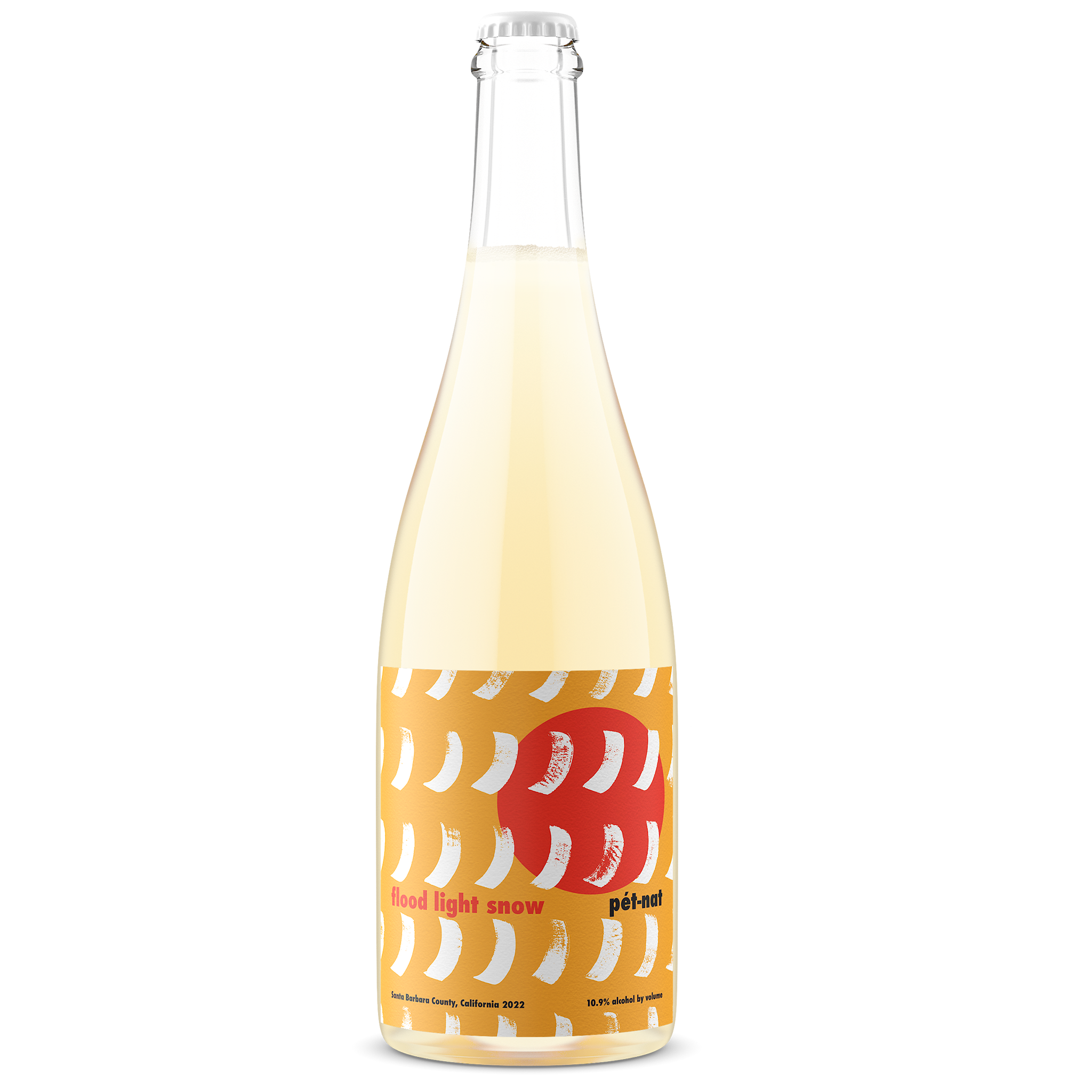So Far Out Flood Light Snow, a light yellow sparkling wine with an orange label.