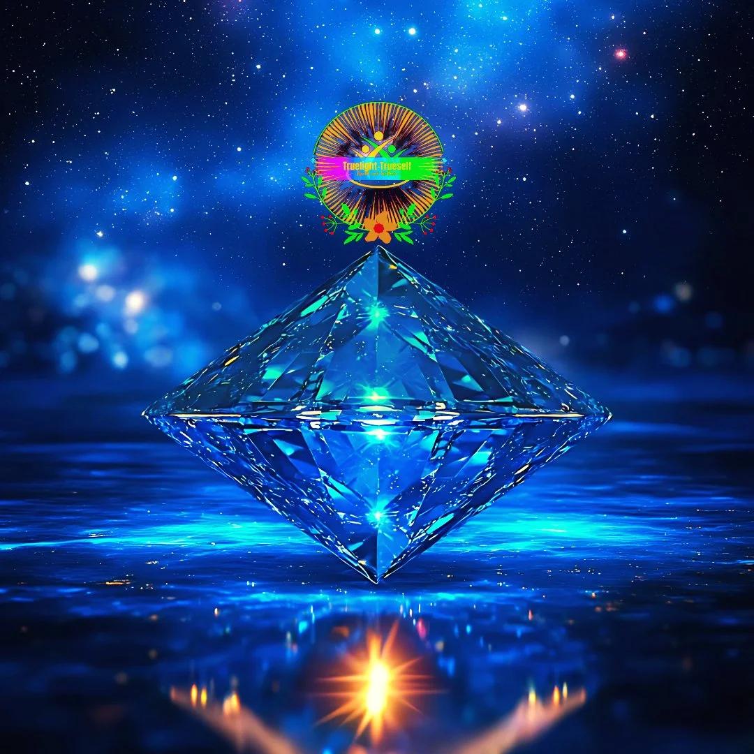 A glowing blue diamond-shaped crystal floating above a reflective surface with a starry night sky in the background. There is a colorful emblem with text above the crystal that reads 'Truelight Twinsell'.