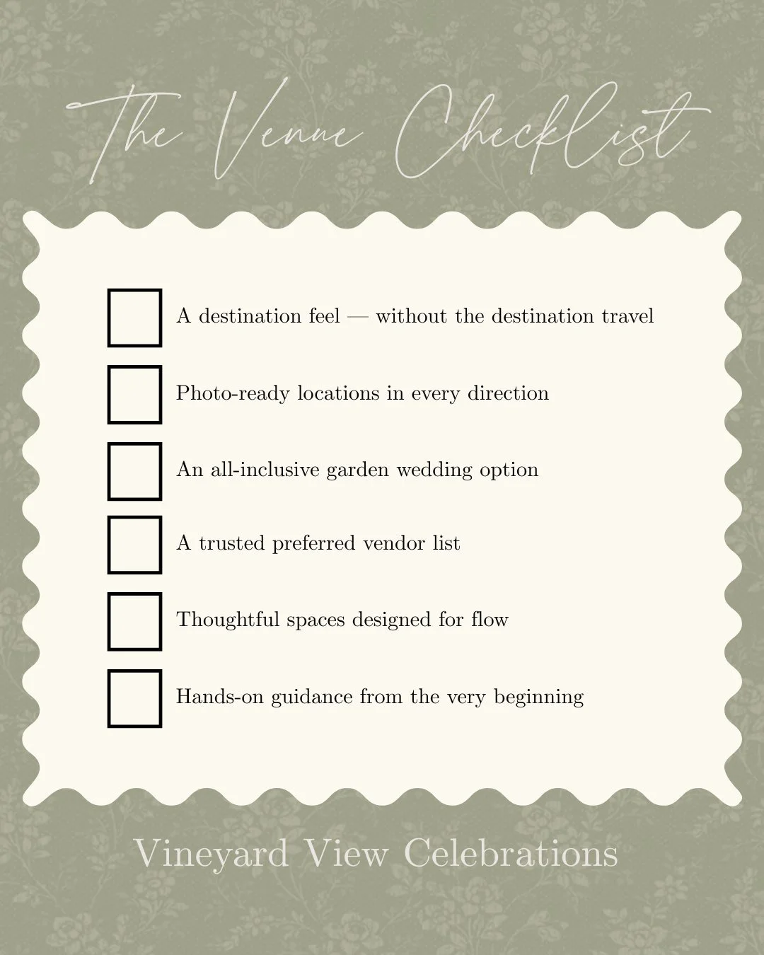 The venue checklist &mdash; thoughtfully considered.

When couples tour Vineyard View Celebrations, they&rsquo;re often surprised by how many boxes are already checked. From a destination-feel setting close to home to photo-ready spaces, trusted vend