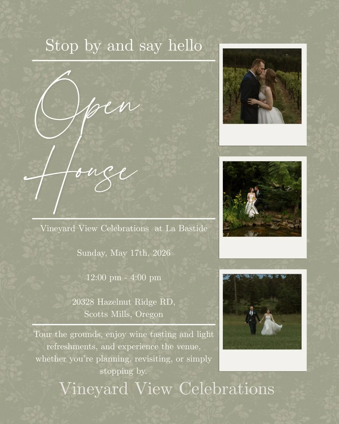 Join us for an Open House at Vineyard View Celebrations at La Bastide.

Whether you&rsquo;re newly engaged, finalizing your plans, or returning to share the space with loved ones, this is your opportunity to experience the venue in person.

Tour the 
