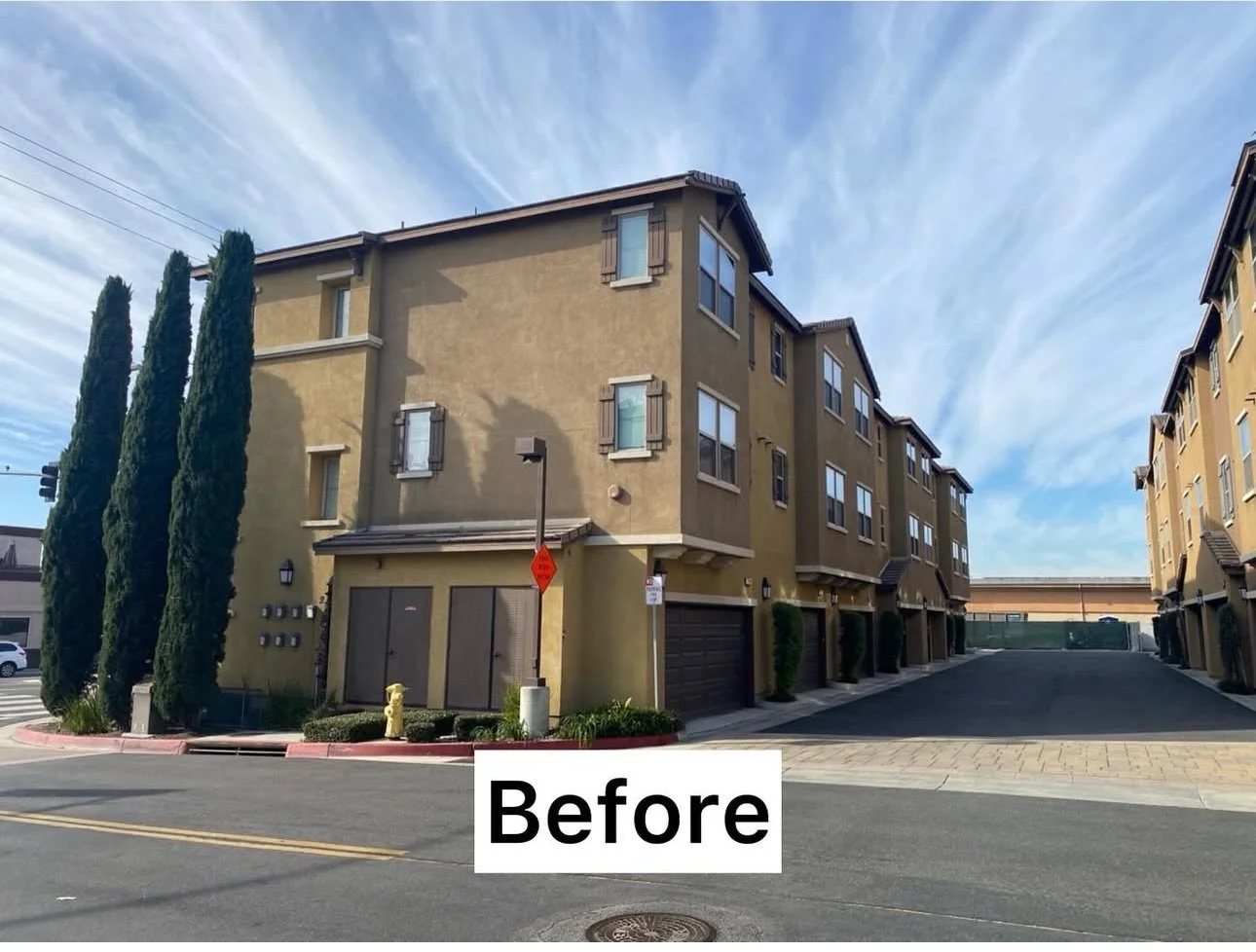 Before image of apartment complex exterior prior to repaint project in Anaheim, California.