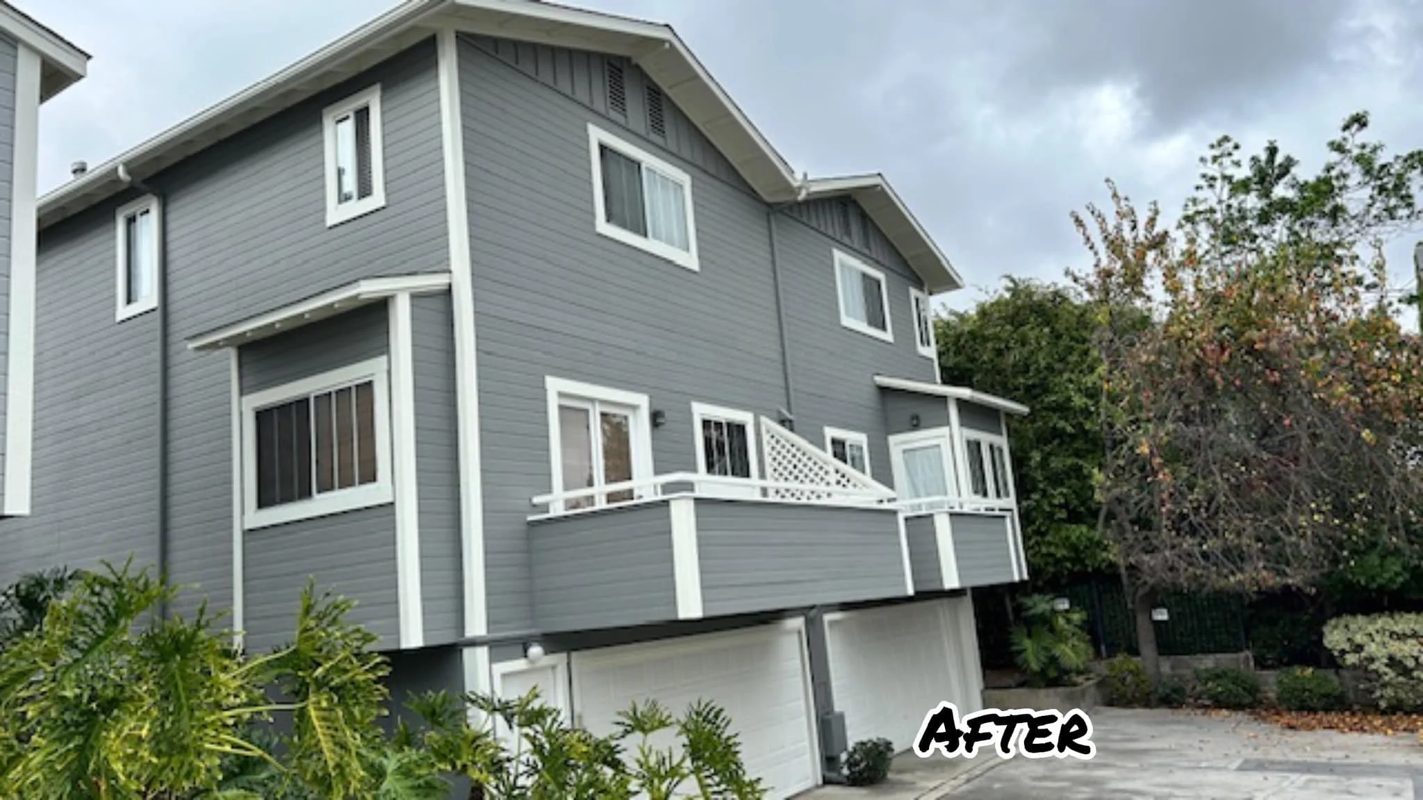 After exterior repaint of wood siding apartment community in Ontario, CA with restored and freshly painted finish