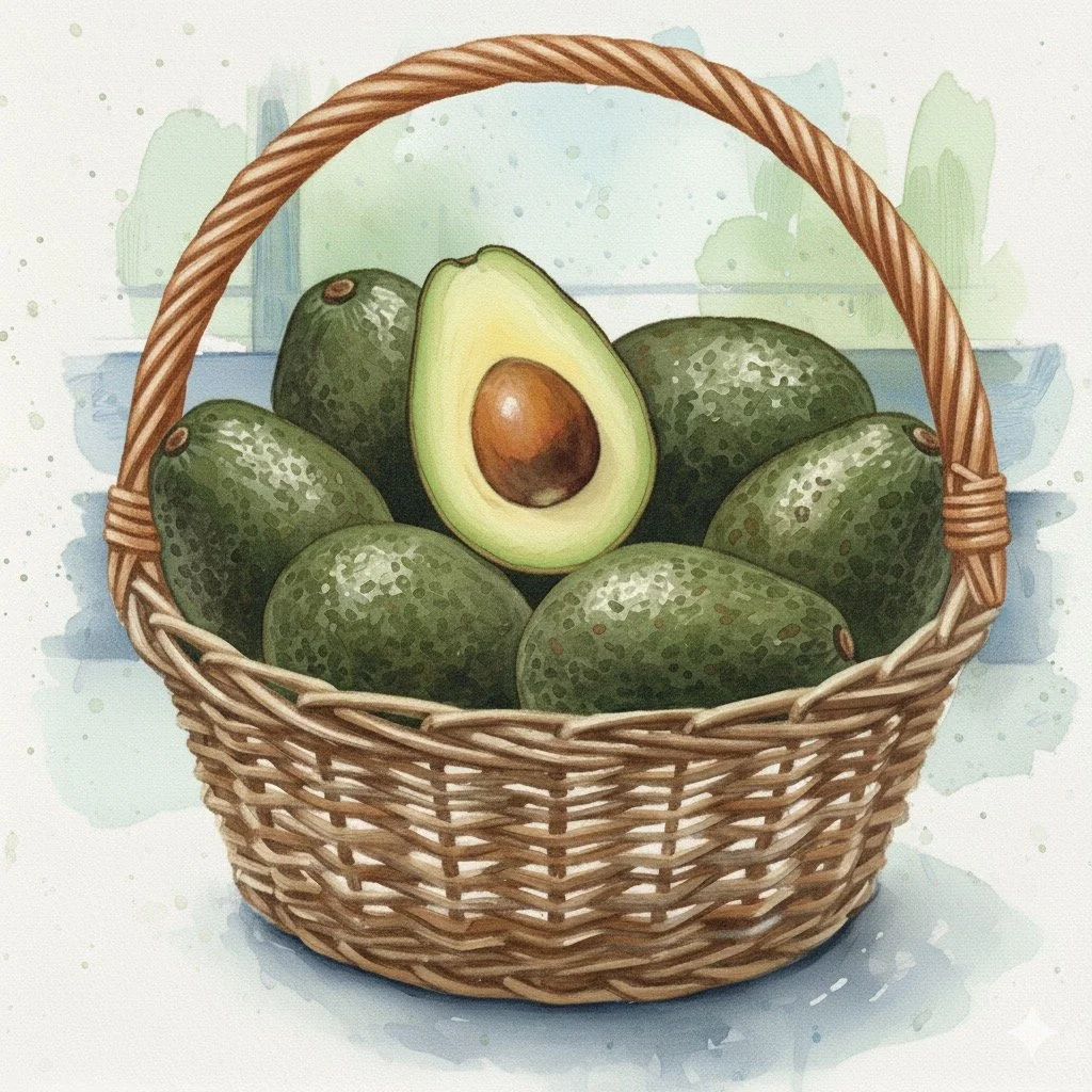 A basket of green avocados, with one cut open showing the seed and flesh.