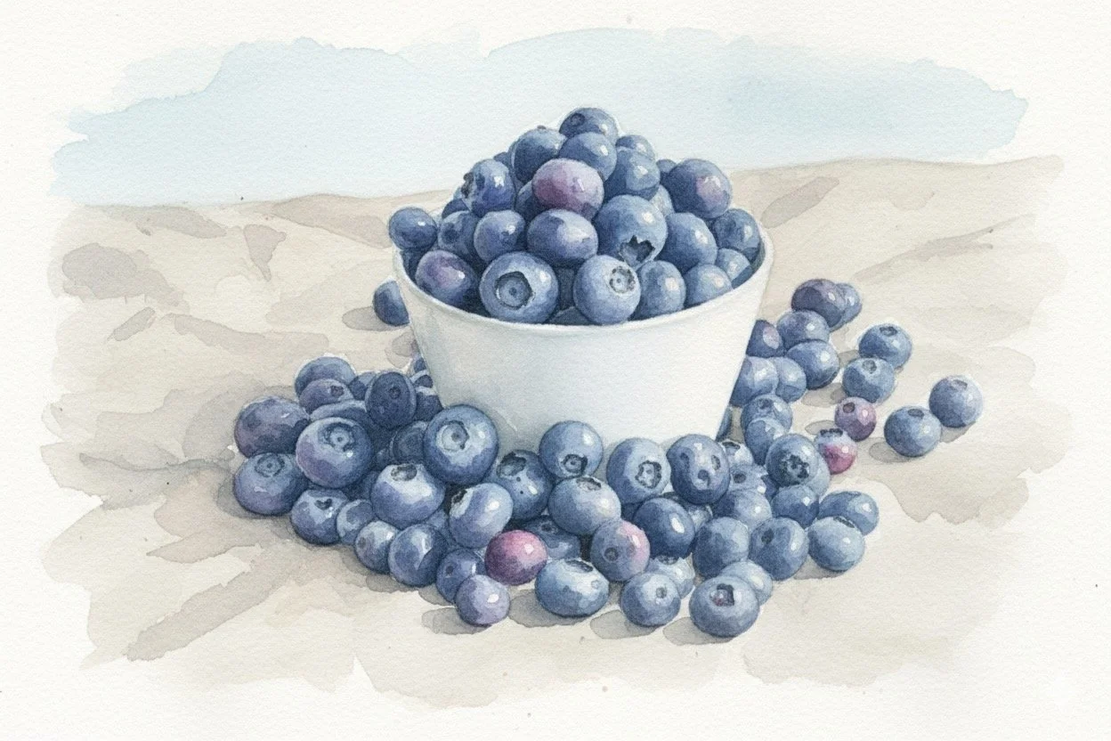 Watercolor painting of a white bowl filled with blueberries, surrounded by blueberries on a light surface.