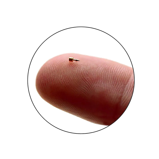 A close-up of a fingertip holding a small gold-colored screw.