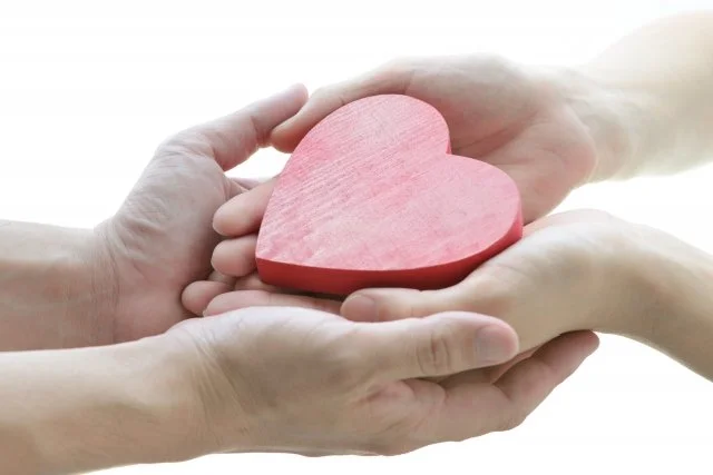Two hands holding a pink wooden heart.