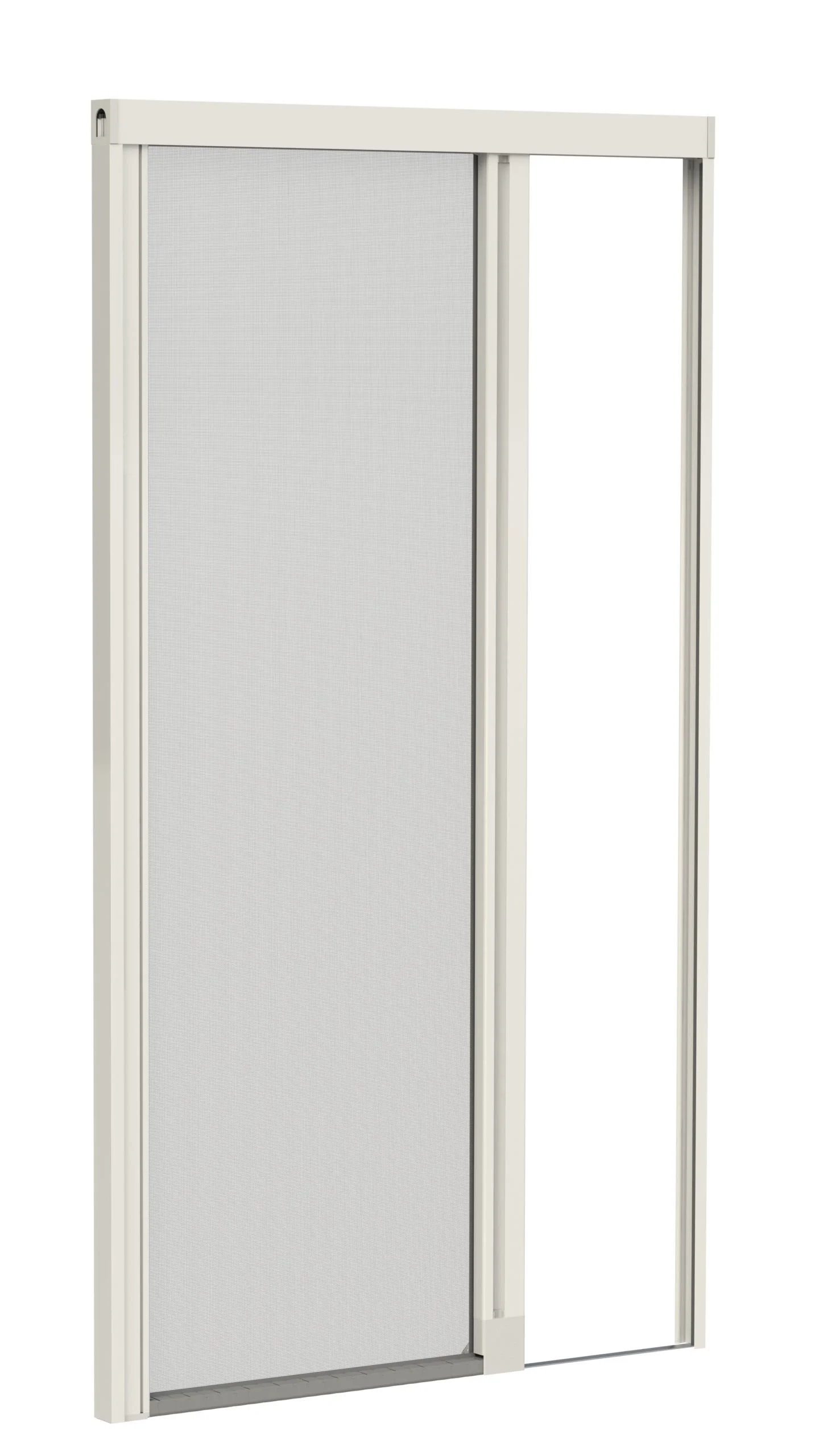 Parete divisoria con struttura in metallo bianco e pannelli in tessuto microperforato, con telaio di scorrimento.