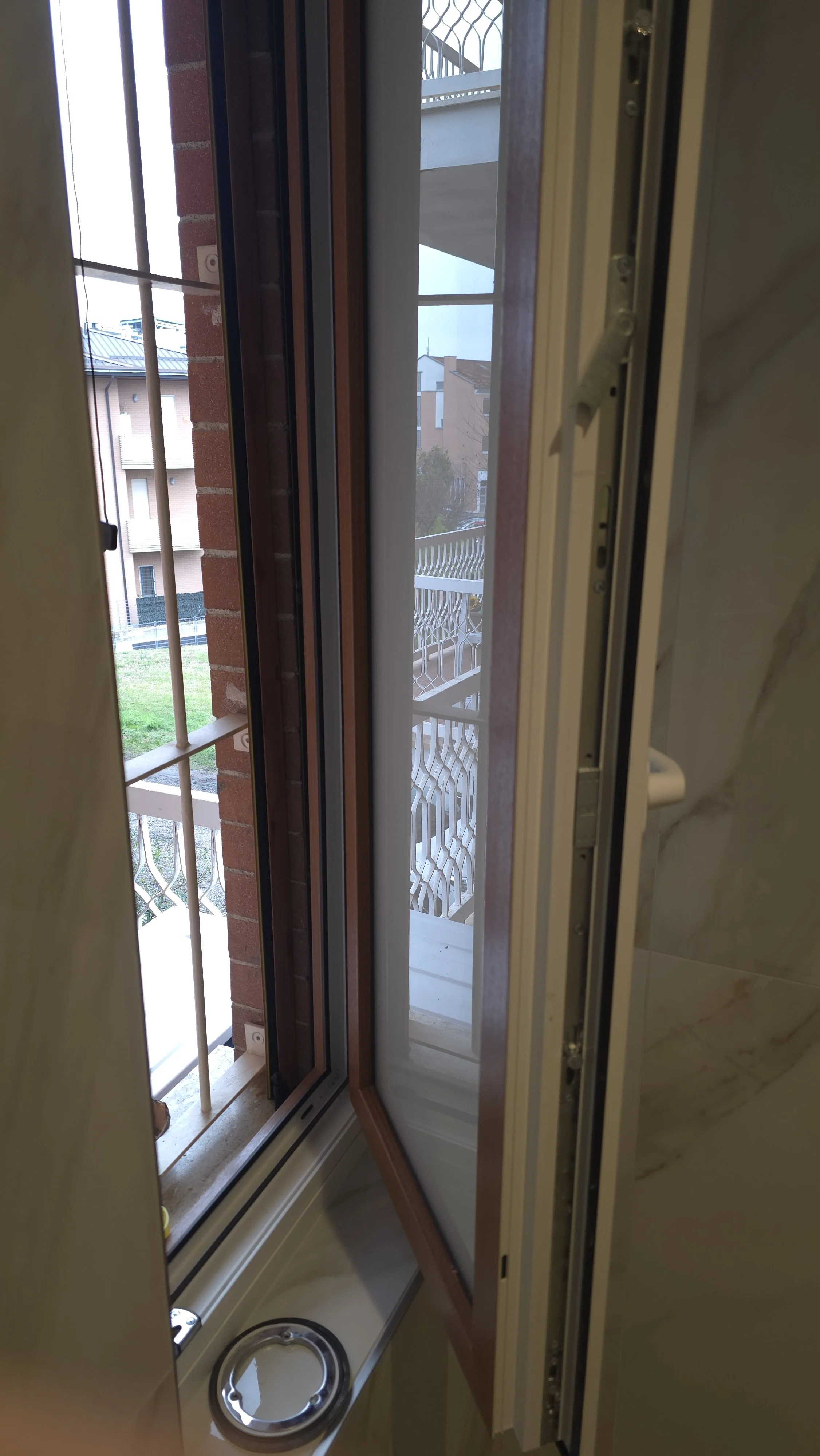 Finestra aperta con balcone visibile dall'interno, vista su edifici e area verde.