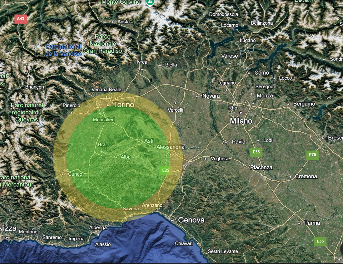 Mappa della regione italiana del Piemonte e della Lombardia, con un focus sulla zona di Torino, evidenziata con un cerchio giallo e verde. Sono visibili città come Milano, Genova, Torino, Asti e altre.
