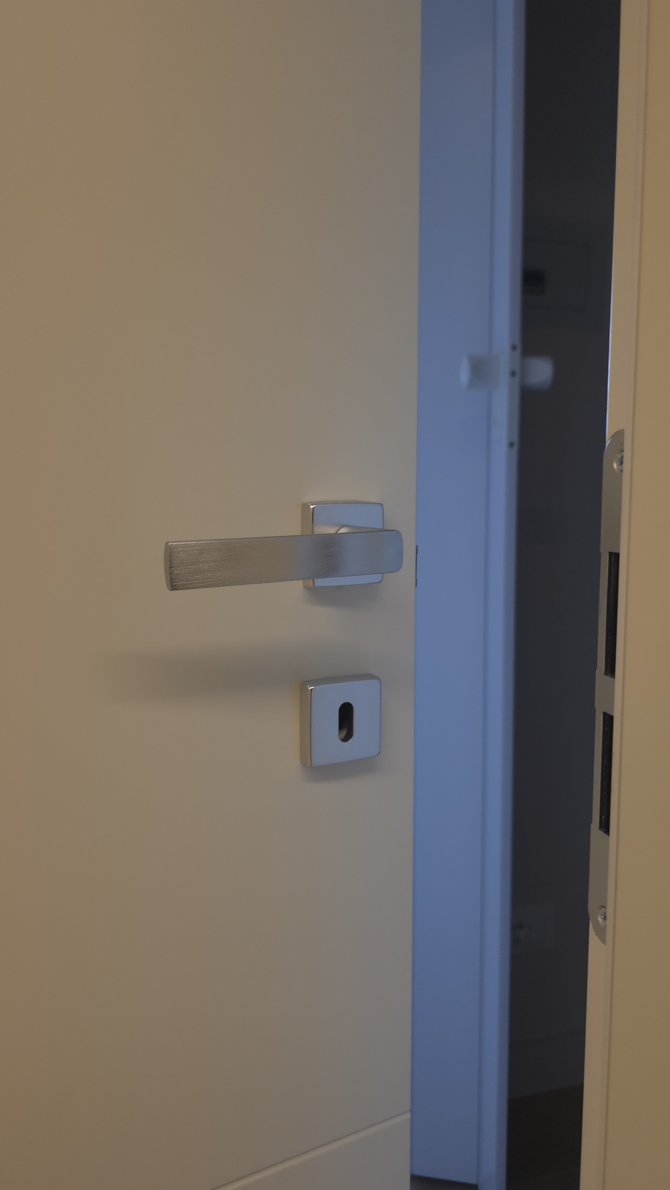 Porta di sicurezza bianca con maniglia in metallo e serratura a cilindro