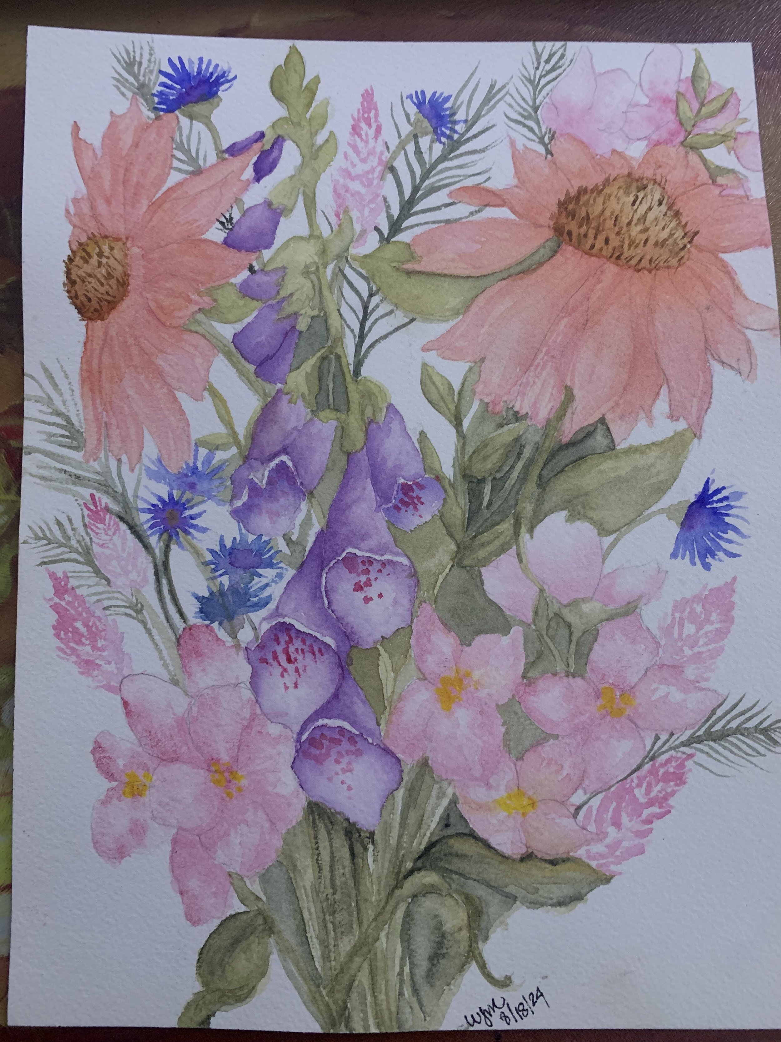 Watercolor of a bouquet of flowers, hand drawn and painted by me.