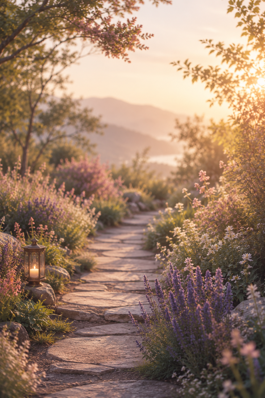 “Peaceful garden path glowing with warm light, symbolizing the journey toward healing and inner peace.”