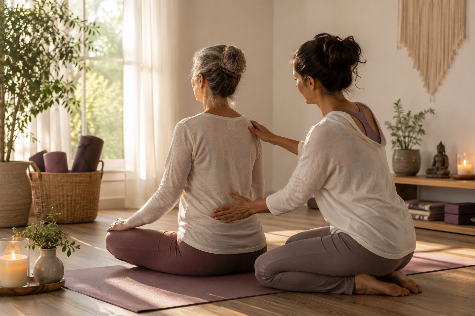 “Older woman receiving gentle, individualized yoga guidance in a peaceful setting.”