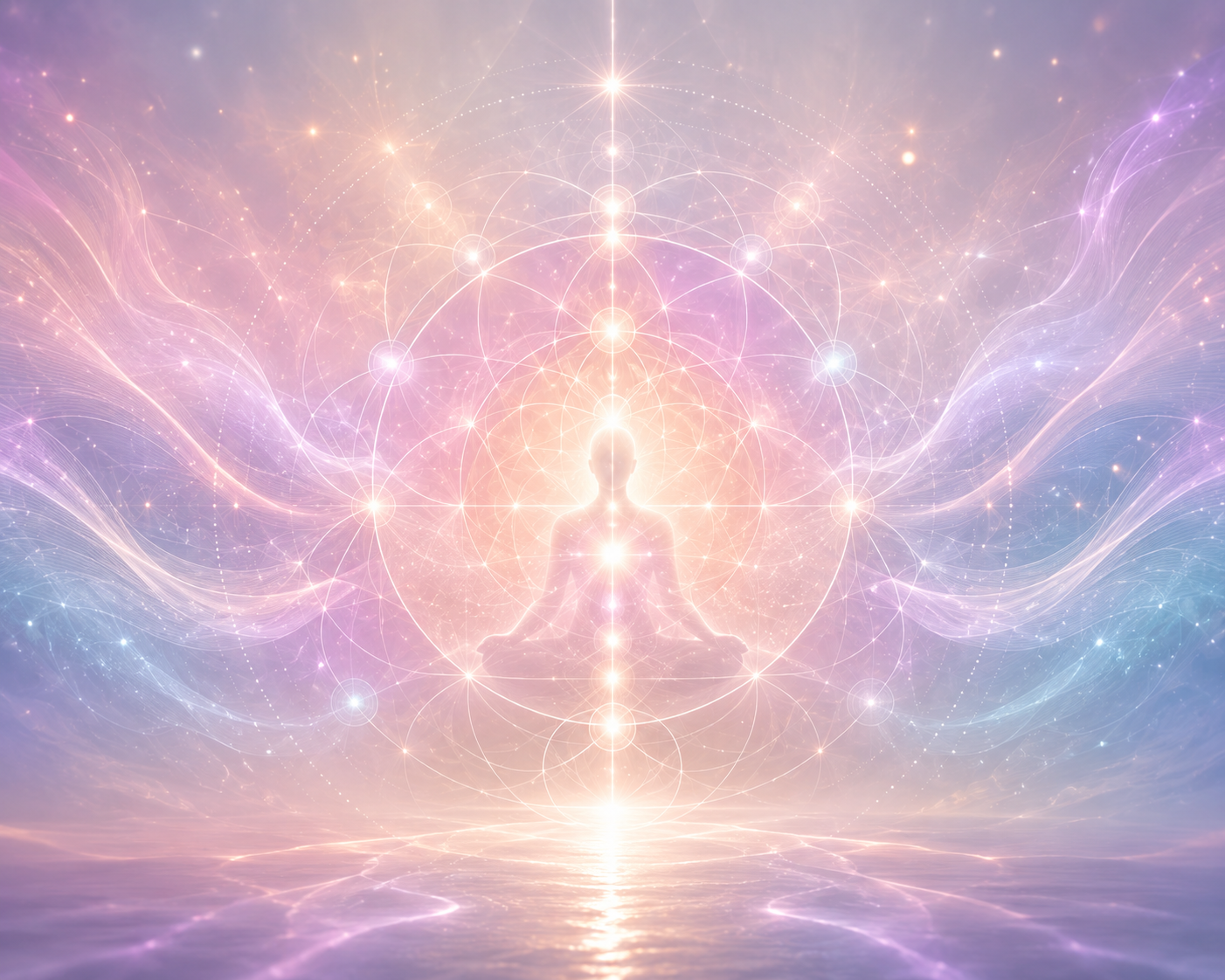 “Meditation surrounded by sacred geometry and radiant light, symbolizing spiritual awakening and higher consciousness.”
