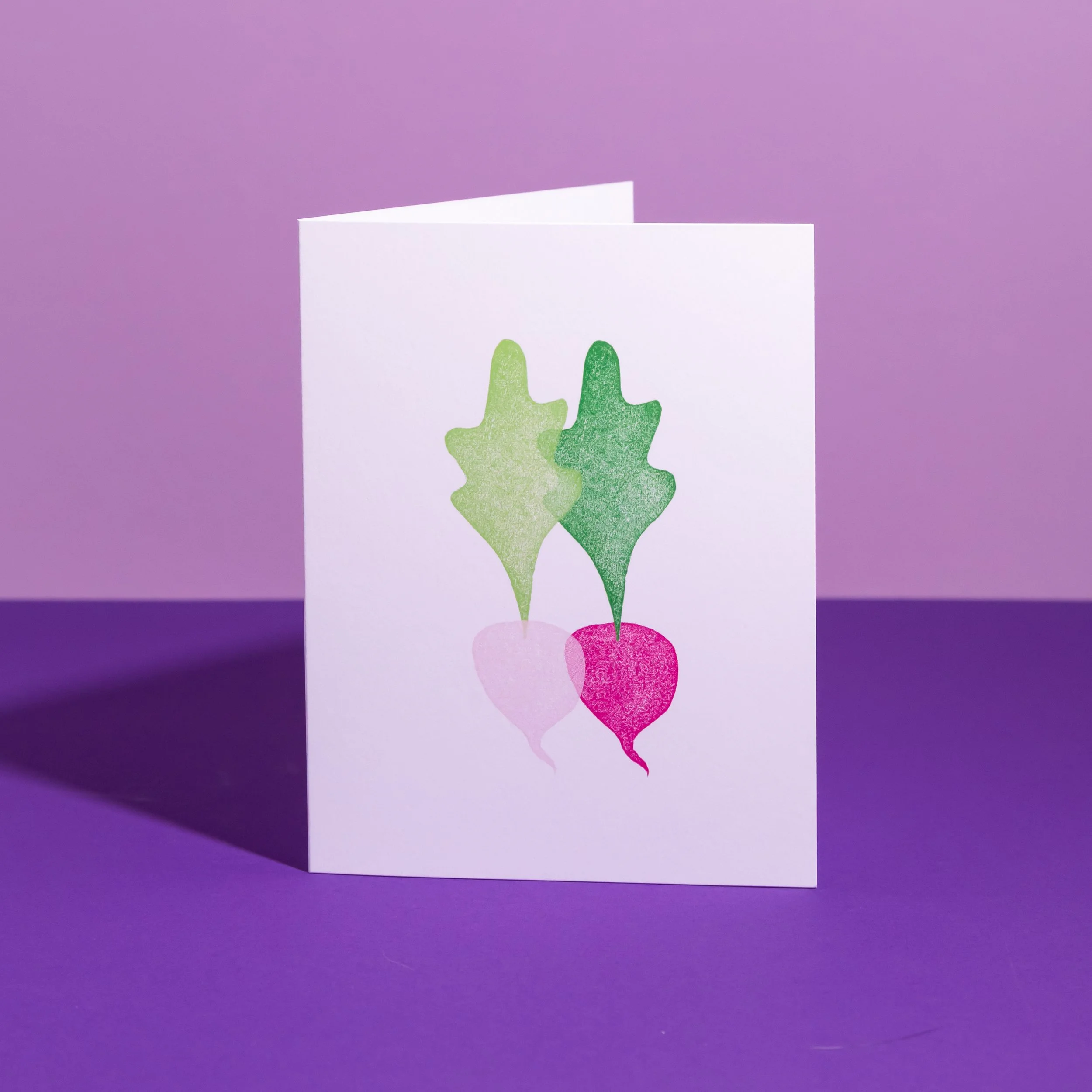A hand-stamped linocut card featuring beets. Designed by Andrea Morris Studio.