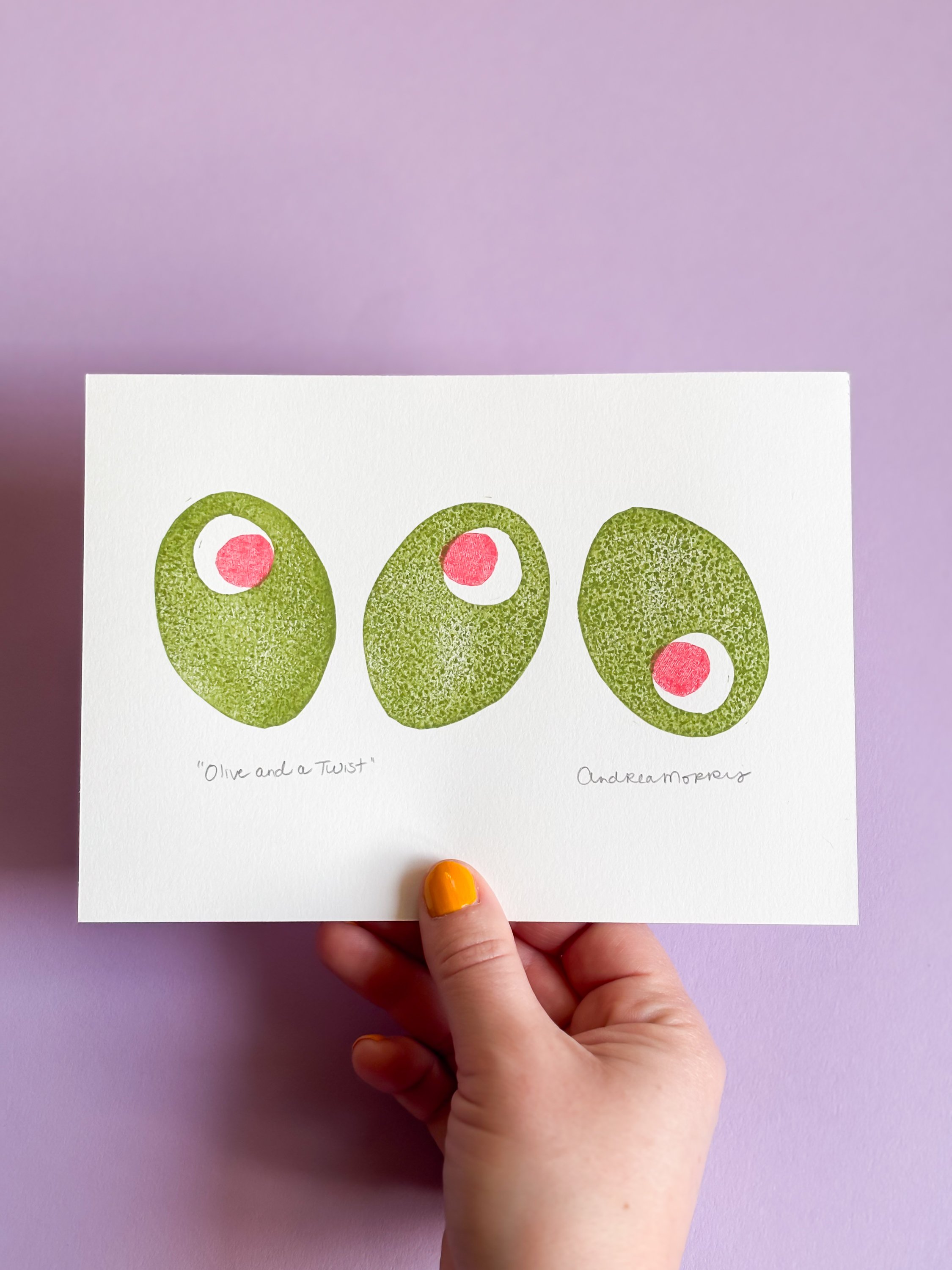 "Olive and a Twist" Linocut Print