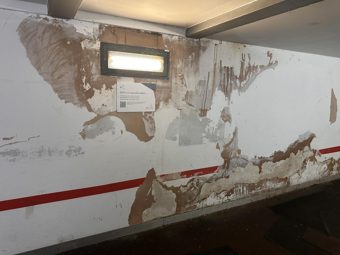    Damaged, peeling walls at Stockport station  . 