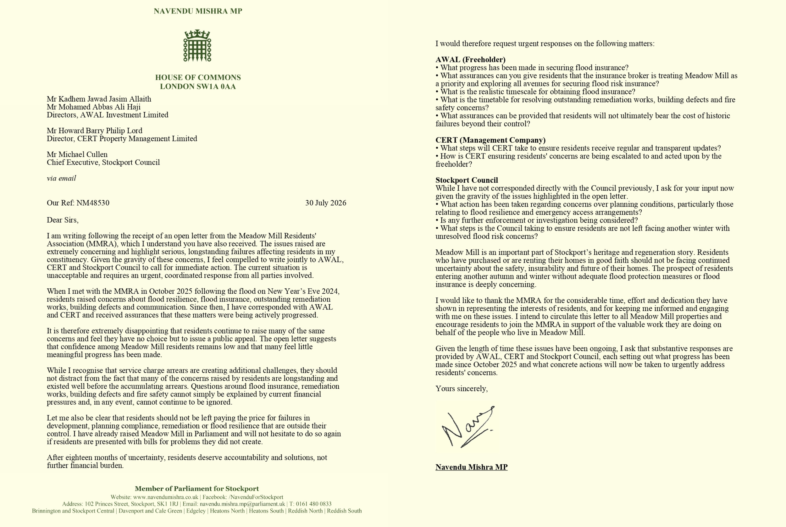 Letter Regarding Meadow Mill - Flooding