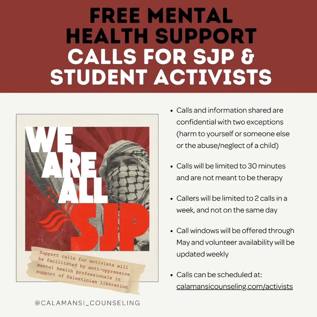 Posted @withregram &bull; @calamansi_counseling We are offering free mental health support calls for SJP students and student activists. These support calls for activists will be facilitated by volunteer anti-oppressive mental health professionals in
