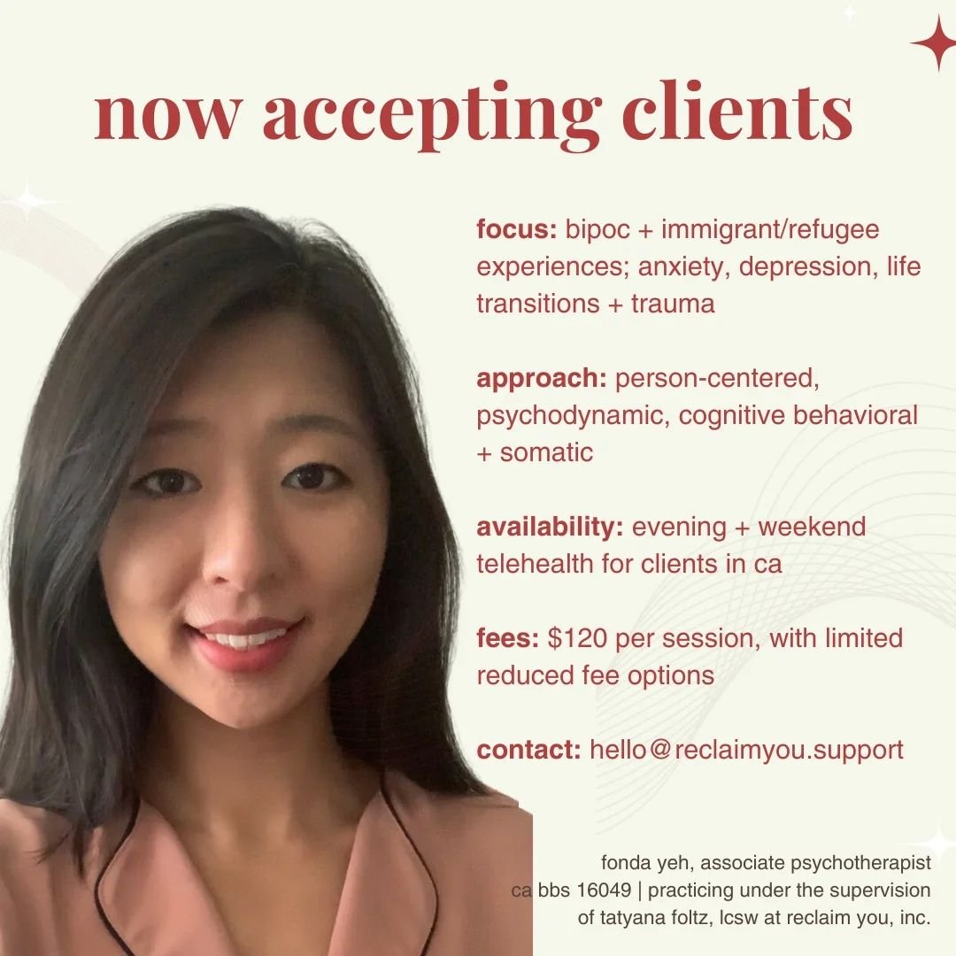 Image Description: Professional headshot of a smiling Asian woman with shoulder-length dark hair in a salmon blouse, overlaid with text about therapy services. The text reads: &quot;Now accepting clients. Focus: BIPOC and immigrant/refugee experience