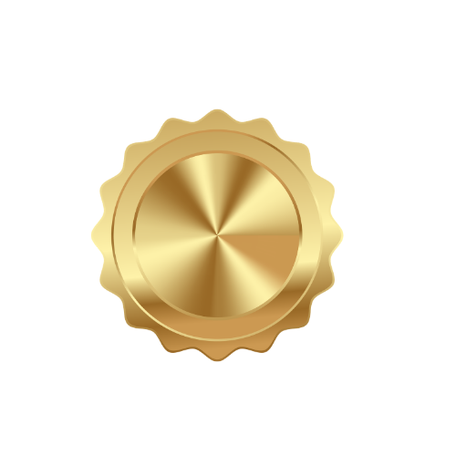 A gold-colored medal or badge with a circular center and a decorative edge.