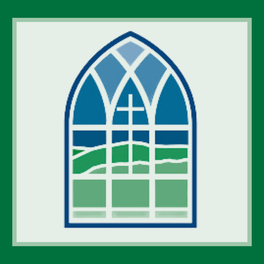 Camp Mitchell's logo. It's a stained glass window that looks out over green hills and a cross.