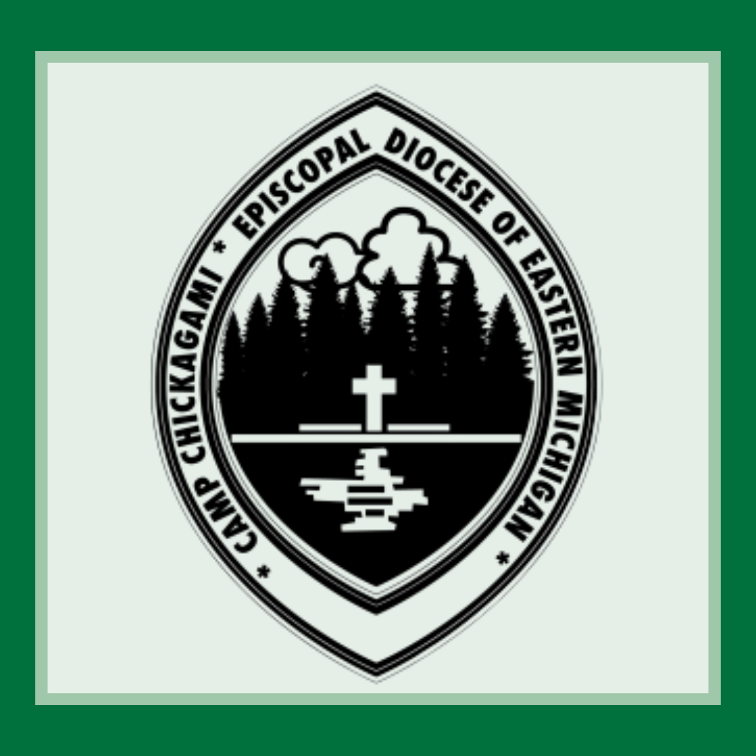 Camp Chickagami's logo. It is an oval with their name and Episcopal Diocese of Eastern Michigan around it. In the center is a drawing of their lake with the cross visible on the other side of the water.