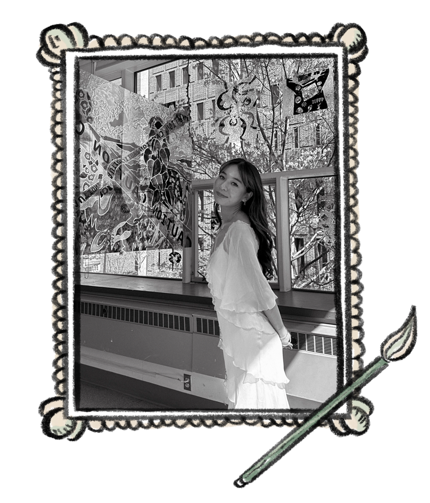A black-and-white photograph of a young woman in a flowing white dress posing next to a hanging work of glass art. Around the photo is a hand-drawn picture frame made up of a scallop design. There is a hand-drawn paint brush on the bottom right.