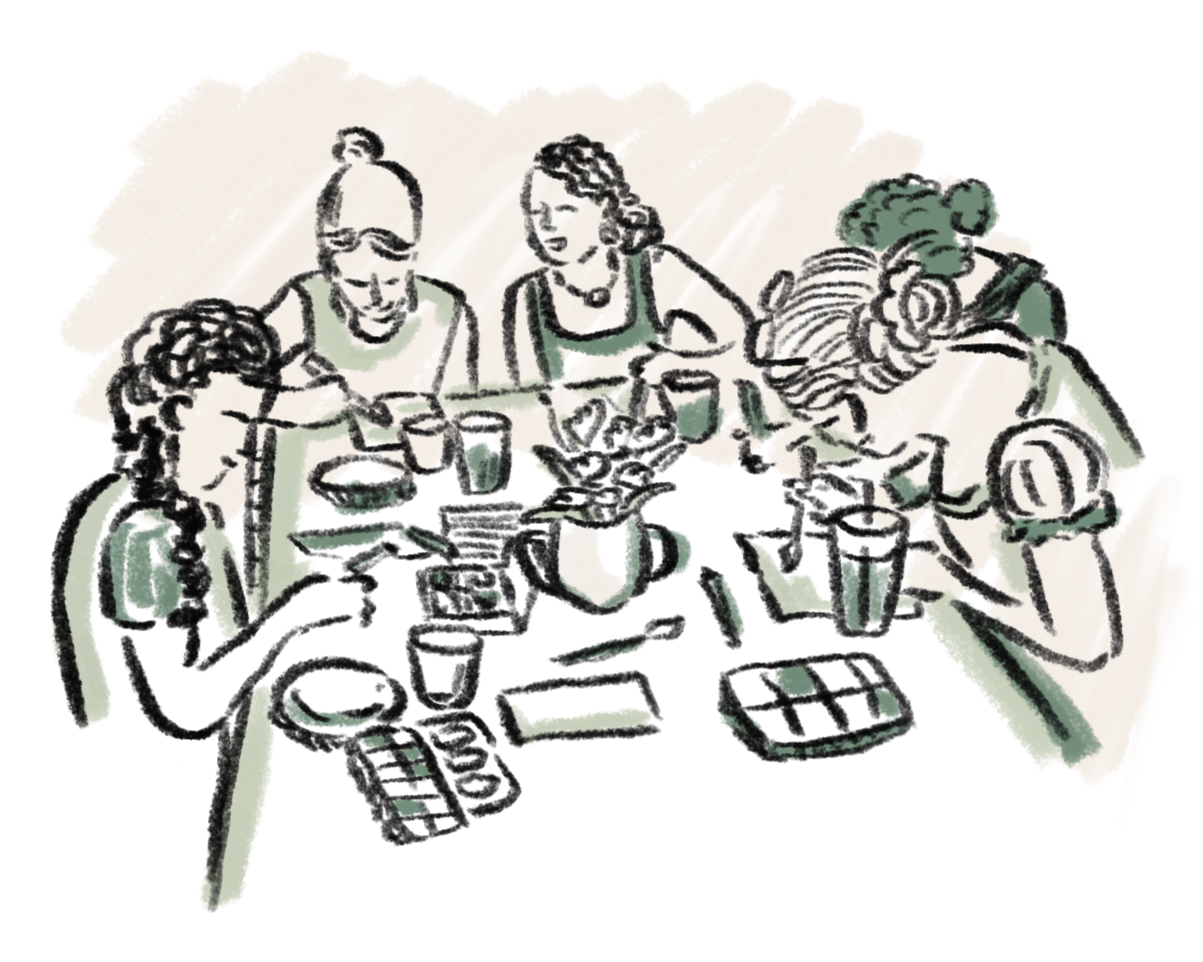 A hand-drawn doodle of five people around a table, crafting and laughing with each other.