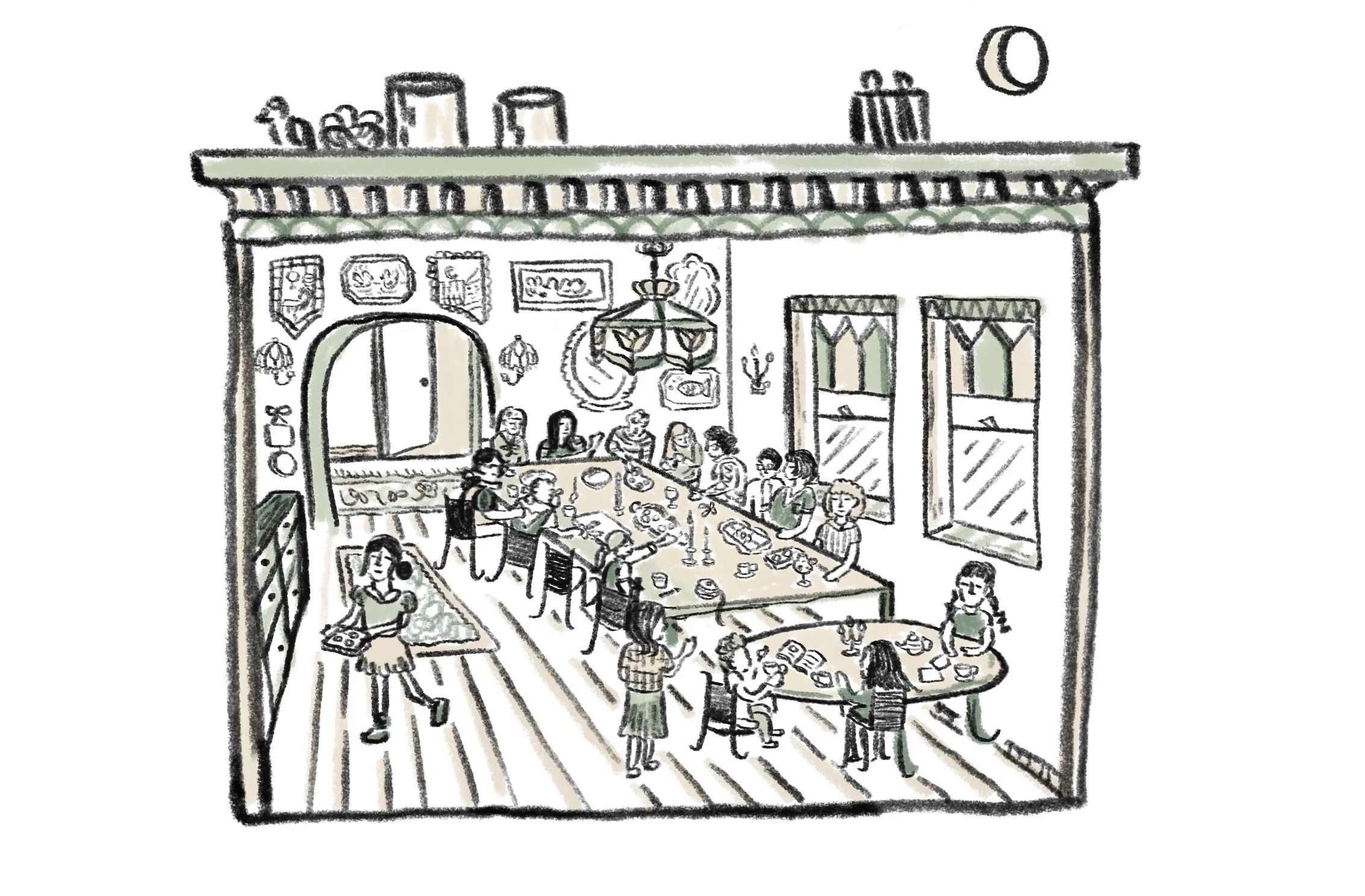 A hand-drawn doodle of an art class being taught in an intricate room, decorated with paintings, rugs, and candles. Two groups of people sit around two large tables, chatting and crafting, while one person walks to a shelf to put away their project.