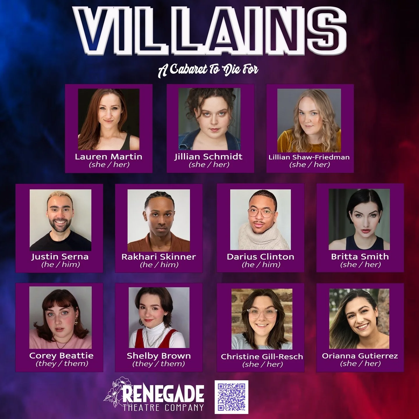 🪄🔮MEET THE CAST of Villains: A Cabaret To Die For! A combination of returning and new faces, these Renegades have out together a fantastic evening of spooky, magical tunes. 🎶 Join us this weekend (FRI, SAT, SUN @ 8pm) at @vahichurch for a fun nigh