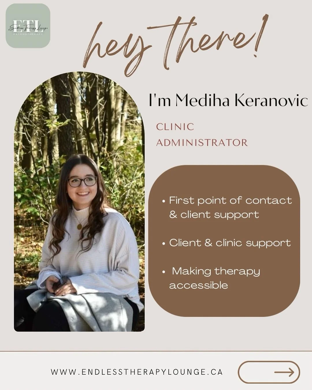 We&rsquo;re so excited to introduce Mediha Keranovic to Endless Therapy Lounge!🤍

🌿 Mediha is our Clinic Administrator and the first point of contact for clients at ETL. She helps with scheduling, bookings, and client support, making sure everythin