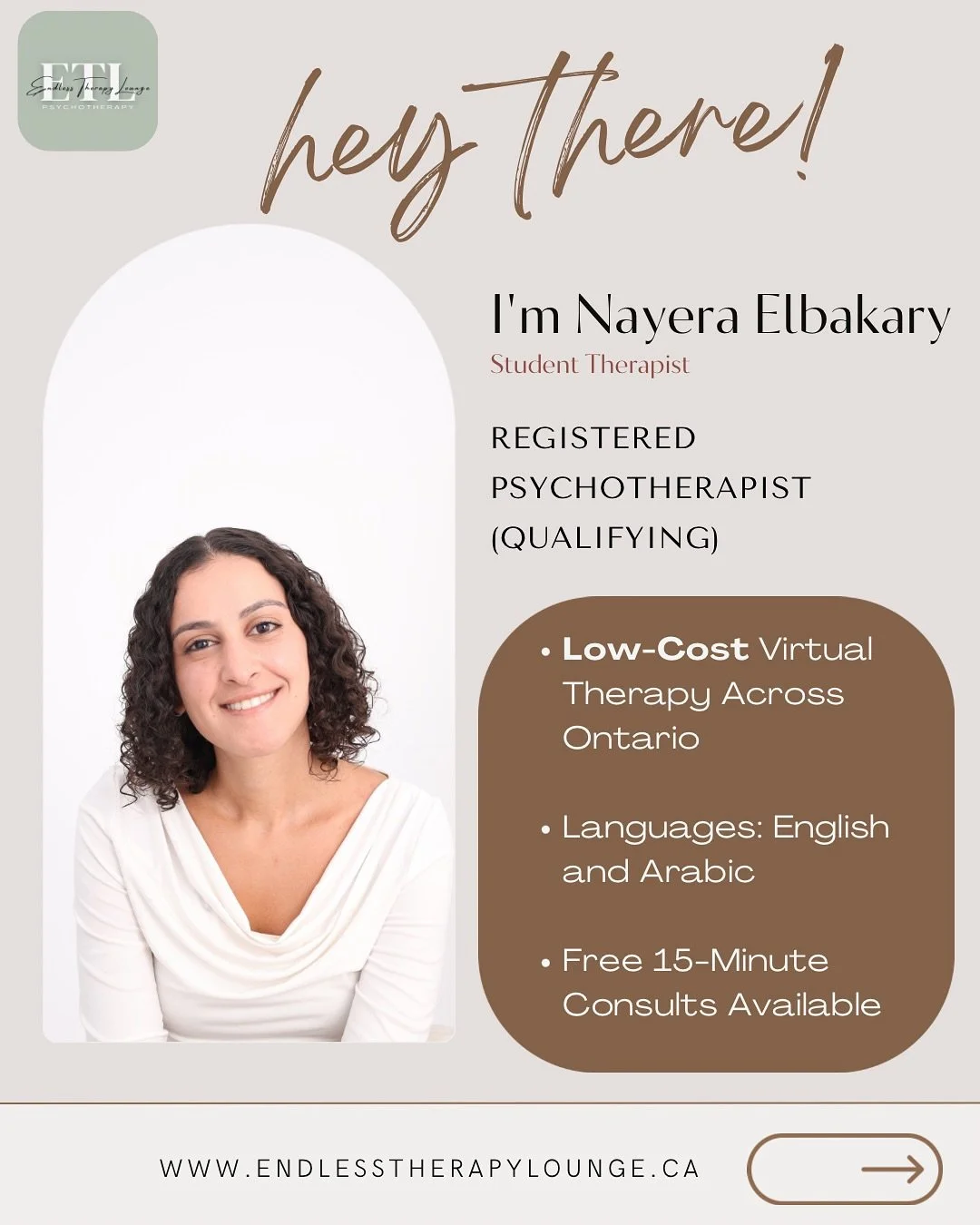 We&rsquo;re excited to welcome Nayera Elbakary to Endless Therapy Lounge!!🫶🏼

🍄 Nayera is a Student Therapist (RP Qualifying) and part of our Affordable Therapy Program, offering low-cost virtual sessions across Ontario.

🍄 Growing up across diff