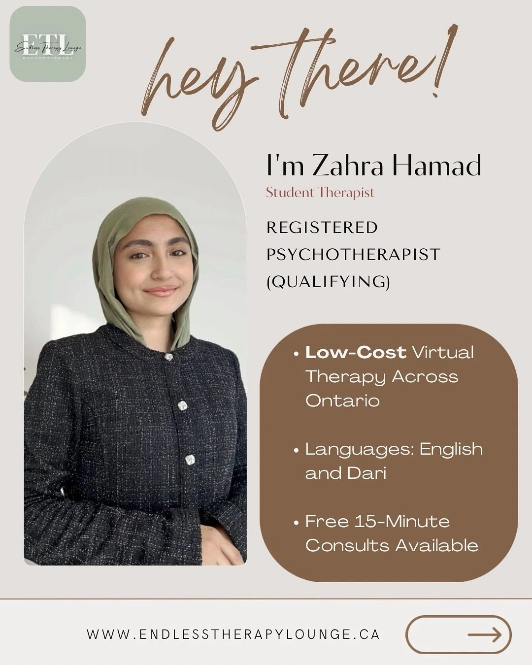 We&rsquo;re excited to welcome Zahra Hamad to Endless Therapy Lounge!!🫶🏼

🪴 Zahra is a Registered Psychotherapist (Qualifying) and Student Therapist completing her practicum as part of our Affordable Therapy Program, offering low-cost virtual sess