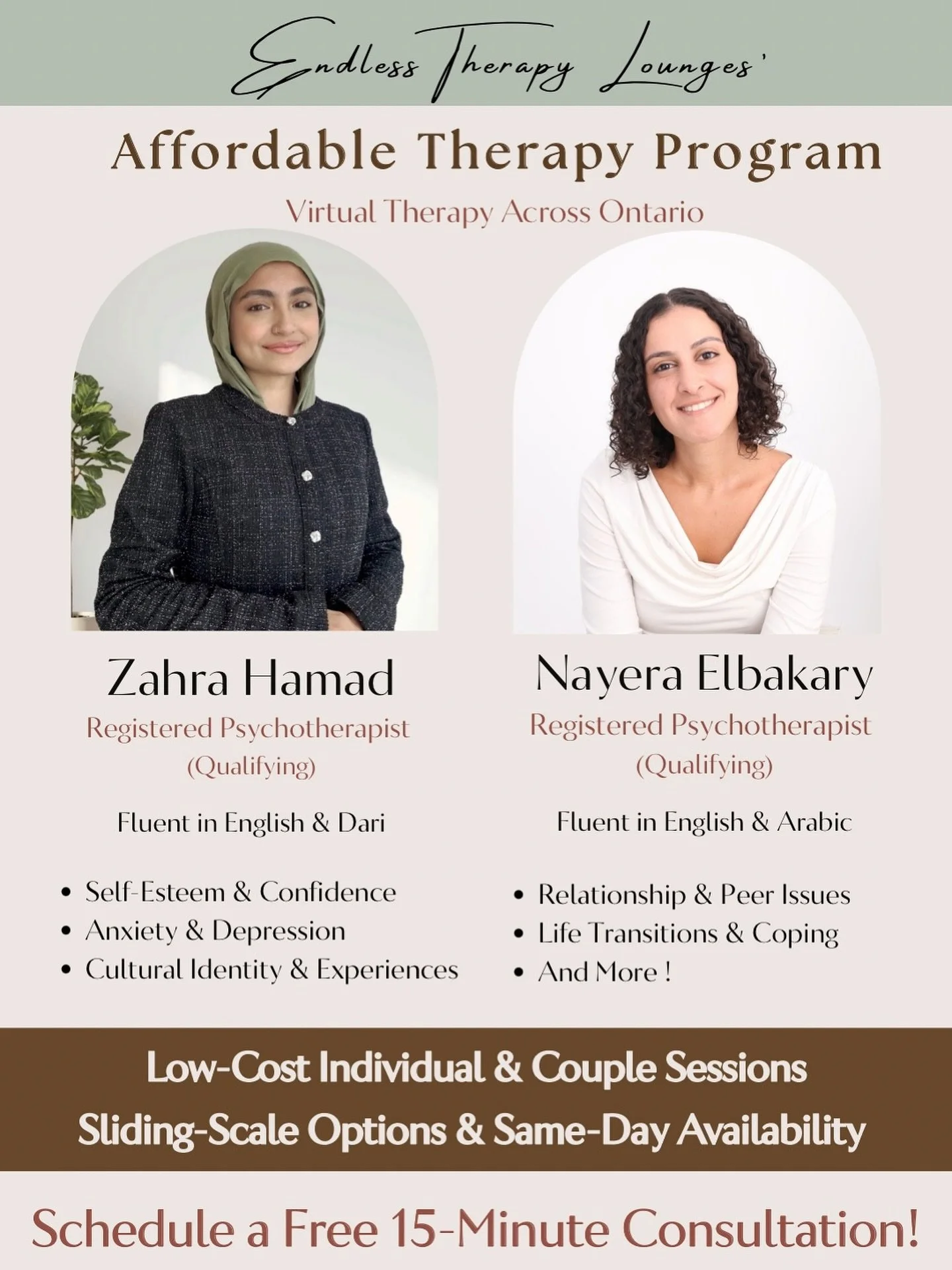 ✨ Endless Therapy Lounge is expanding our Affordable Therapy Program ✨

Our Registered Psychotherapist (Qualifying) interns, Zahra Hamad and Nayera Elbakary, are now offering:
🌱 4 long-term pro bono spots each (completely free therapy!)
🌱 Sliding-s
