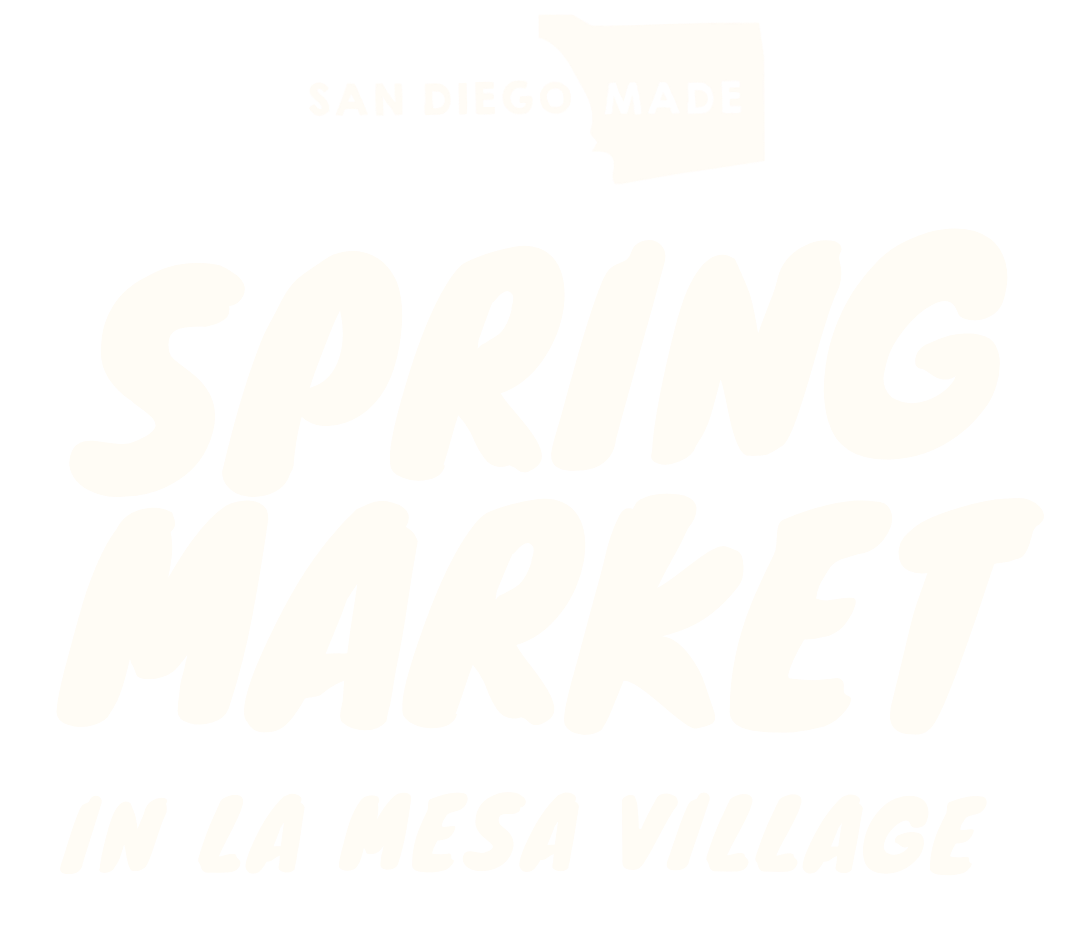 Black and white logo for the San Diego Made Spring Market in La Mesa Village with stylized text.