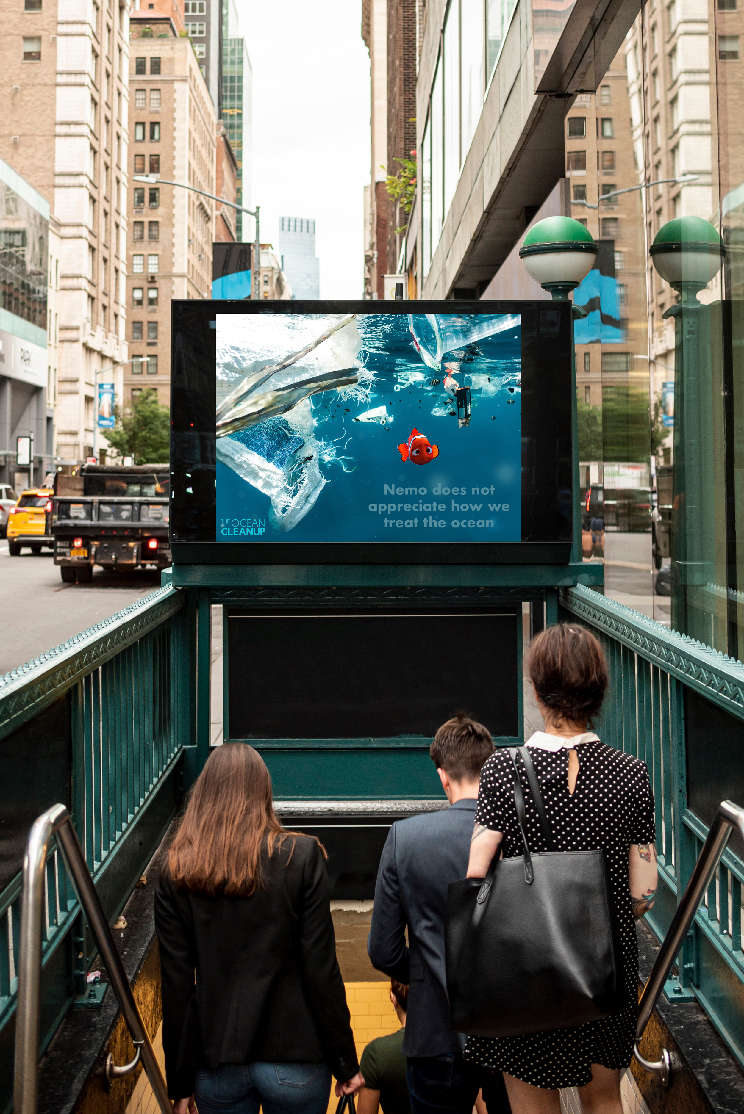 Mockup of Nemo Ocean Clean Up Ad displayed on the digital subway posts.
