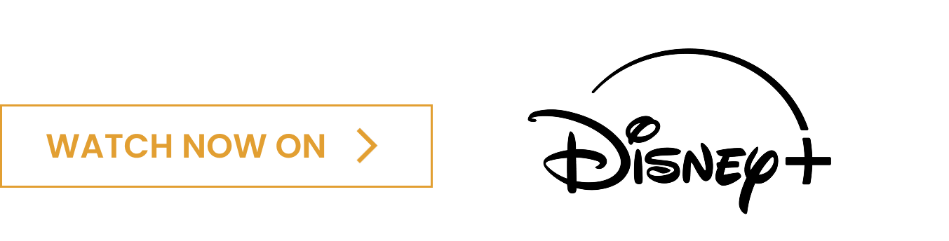 Black background with orange box containing the text "WATCH NOW ON" and a right arrow, next to the Disney+ logo.