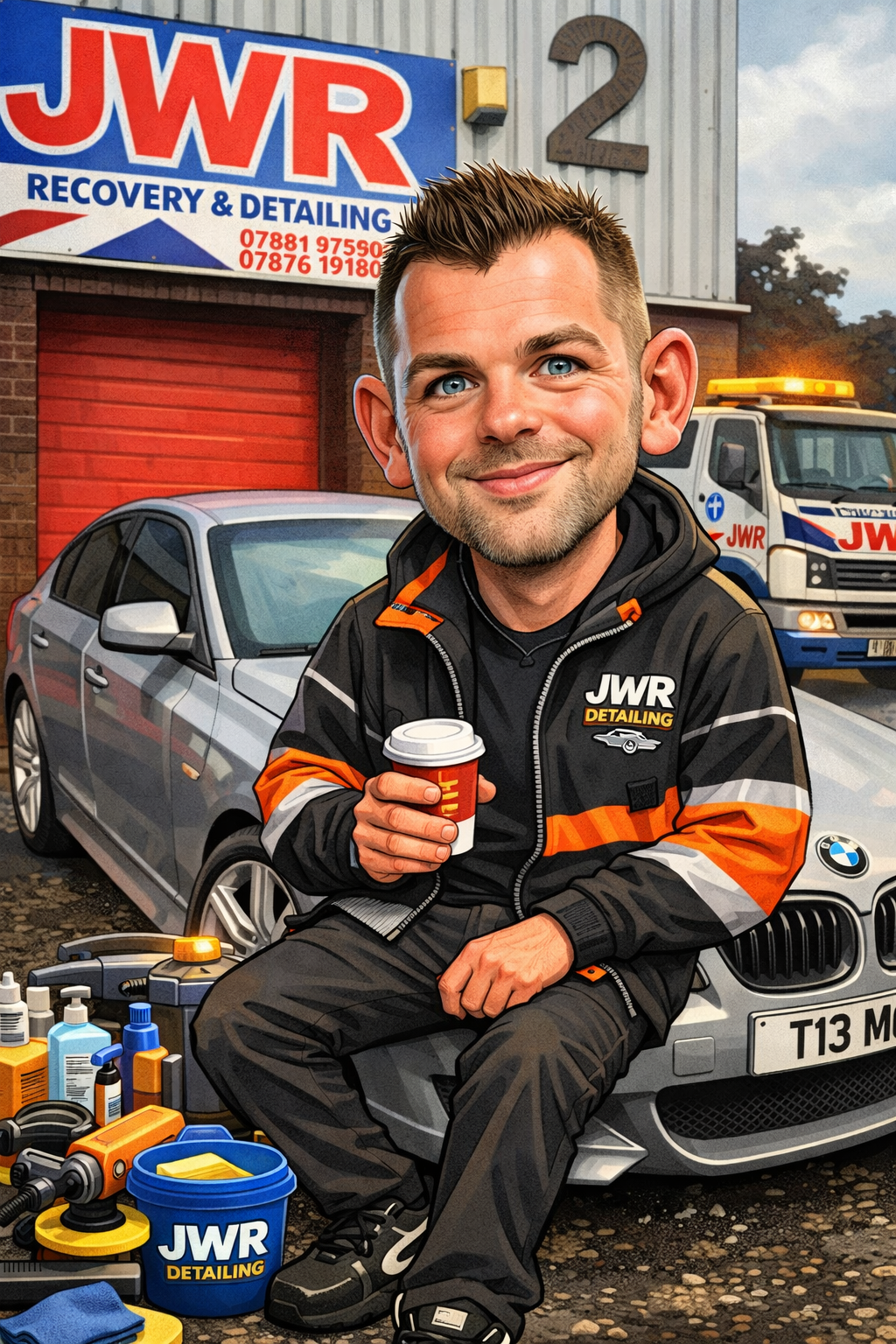 A man in a black and orange JWR Detailing jacket sitting on a car, holding a coffee cup, with car cleaning supplies around him outside an auto repair shop. There are vehicles, including a silver BMW and a JWR recovery and detailing truck, parked in the background.